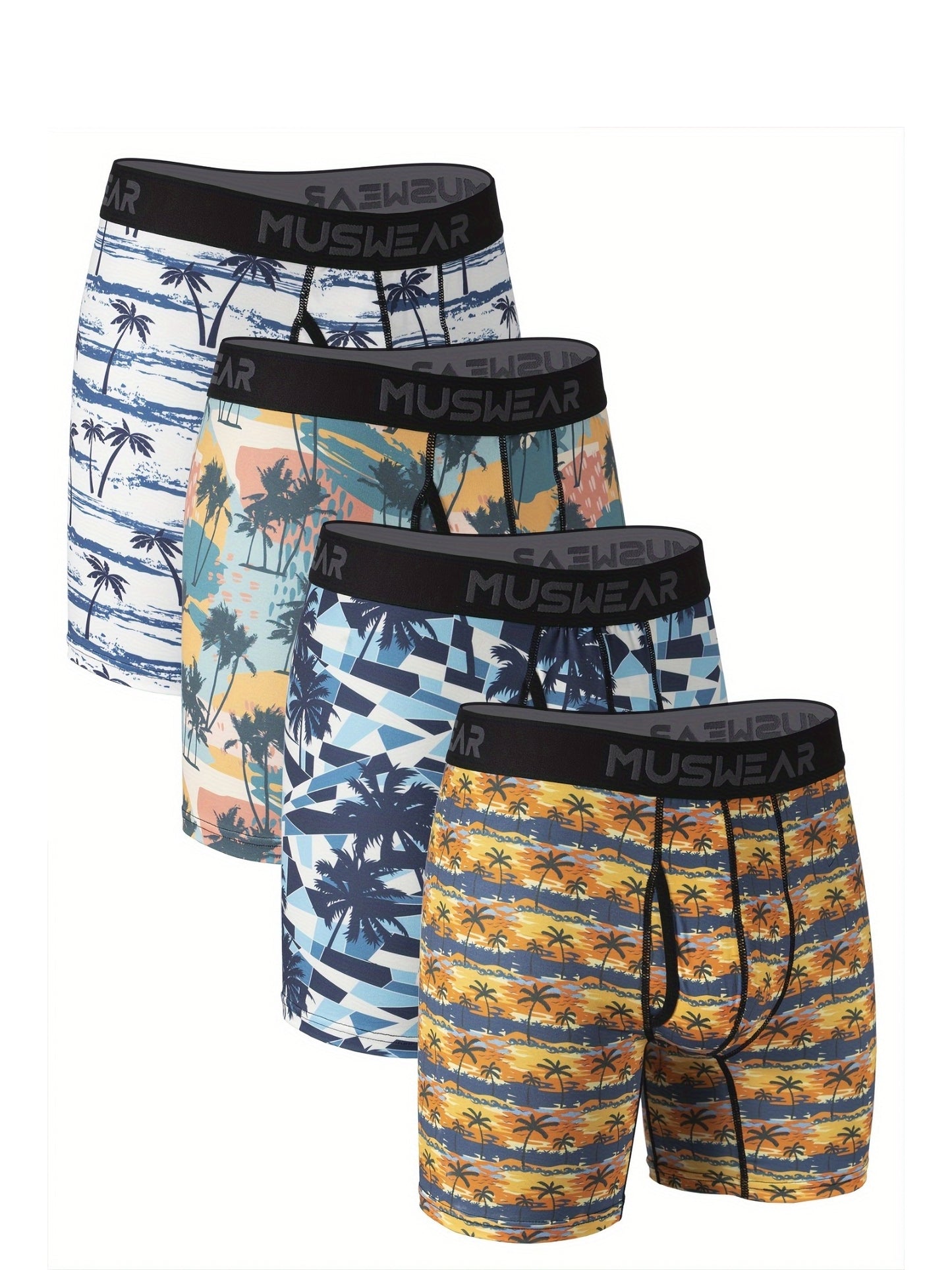 Stylish High Quality Series - 4pcs Men's Coconut Tree Print Stretchy Long Boxer Briefs - Comfy & Quick- Drying & Breathable Underwear Set