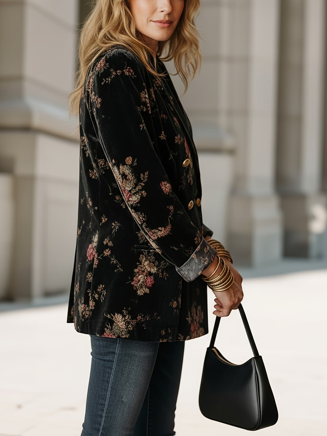 Black Floral Print Velvet Blazer for Women | Retro Double-Breasted Design, Perfect for Party Gatherings And Elegant Social Occasions