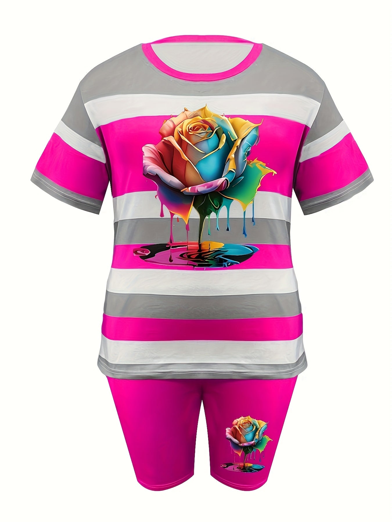 Women'S Casual Striped Short-sleeve Shorts Set, Featuring A Mix Of Floral And Striped Prints, With Pockets On The Shorts.