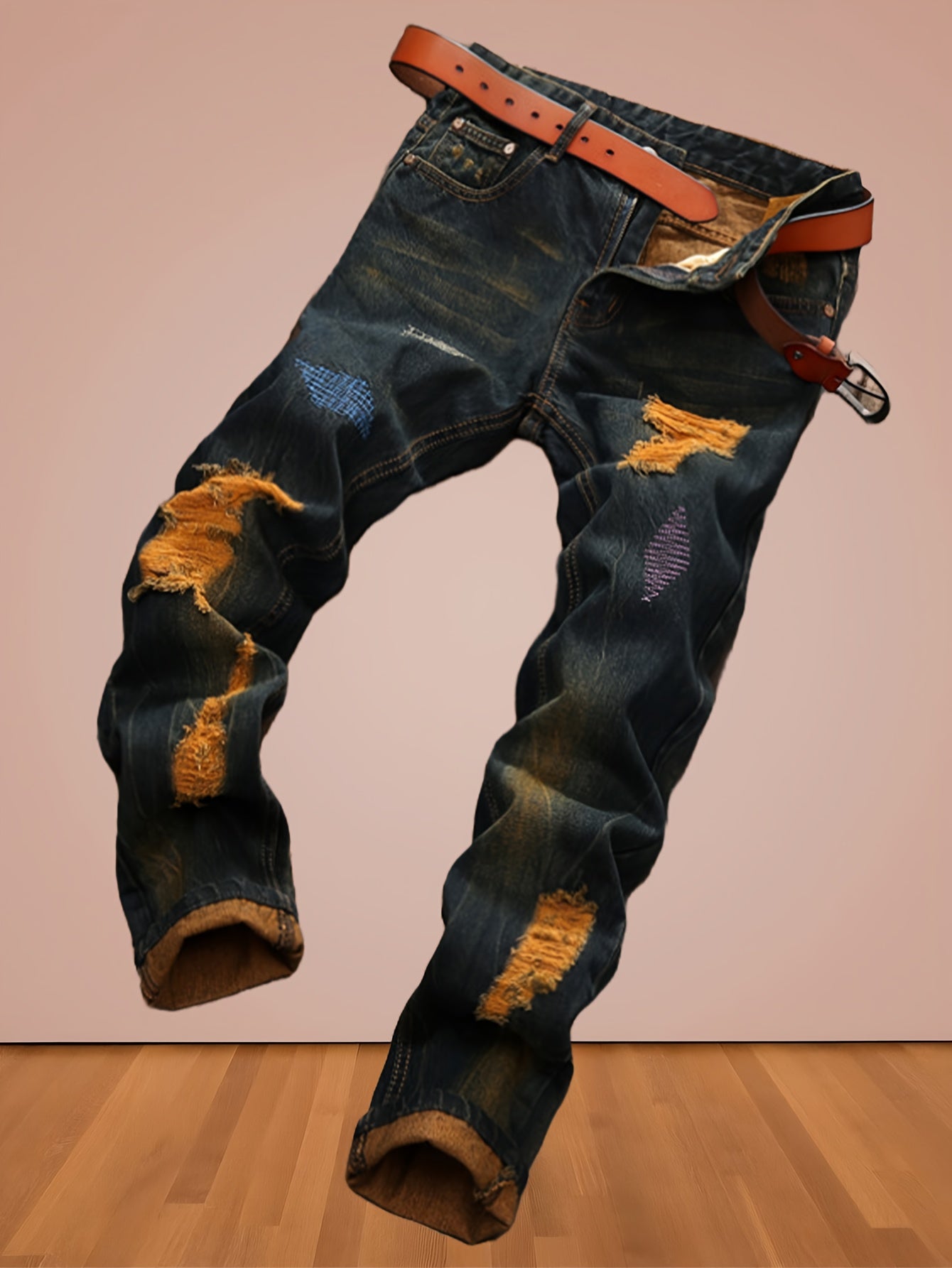 Men's Vintage Washed Straight-Leg Jeans - Mid-Rise Beltless Pants with Internal Zipper Closure, Machine Washable Suitable for Casual Casual Attire, - American High Street Style
