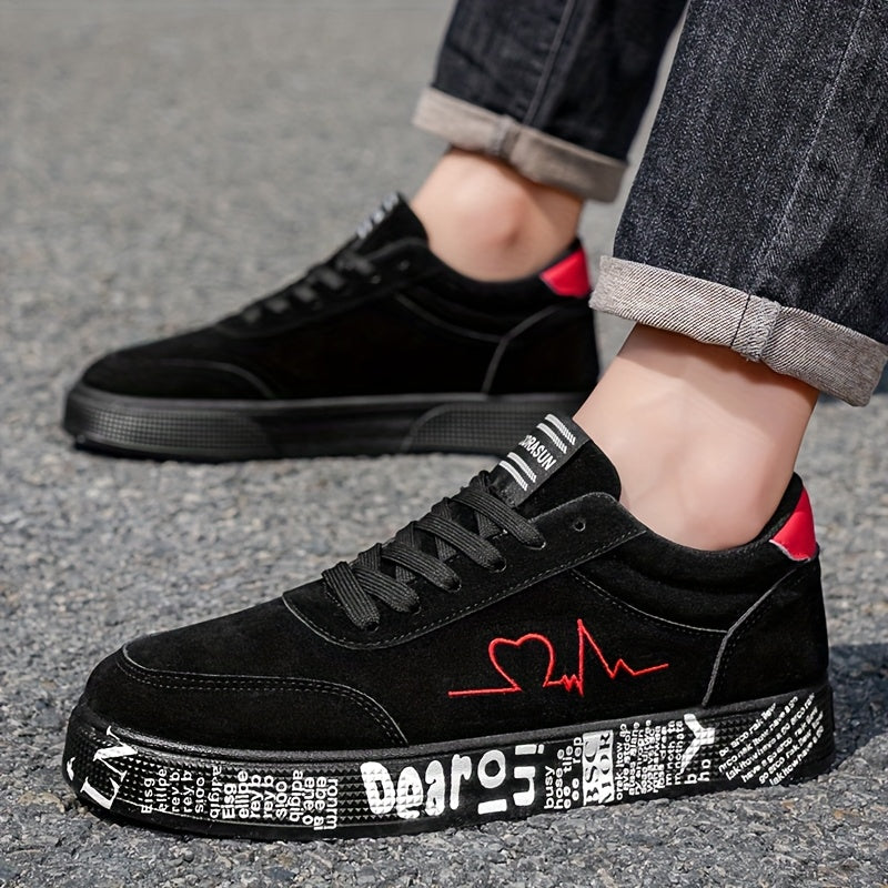 Men'S Mid-Top Sneakers - Vibrant Red Heart And Music Graphic Design, All-Season Outdoor Fitness Shoes, Breathable Pu/Fabric Upper And Durable PVC Sole, Valentine'S Day Birthday Gift for Him, Sneakers, Casual Streetwear, Trendy Footwear