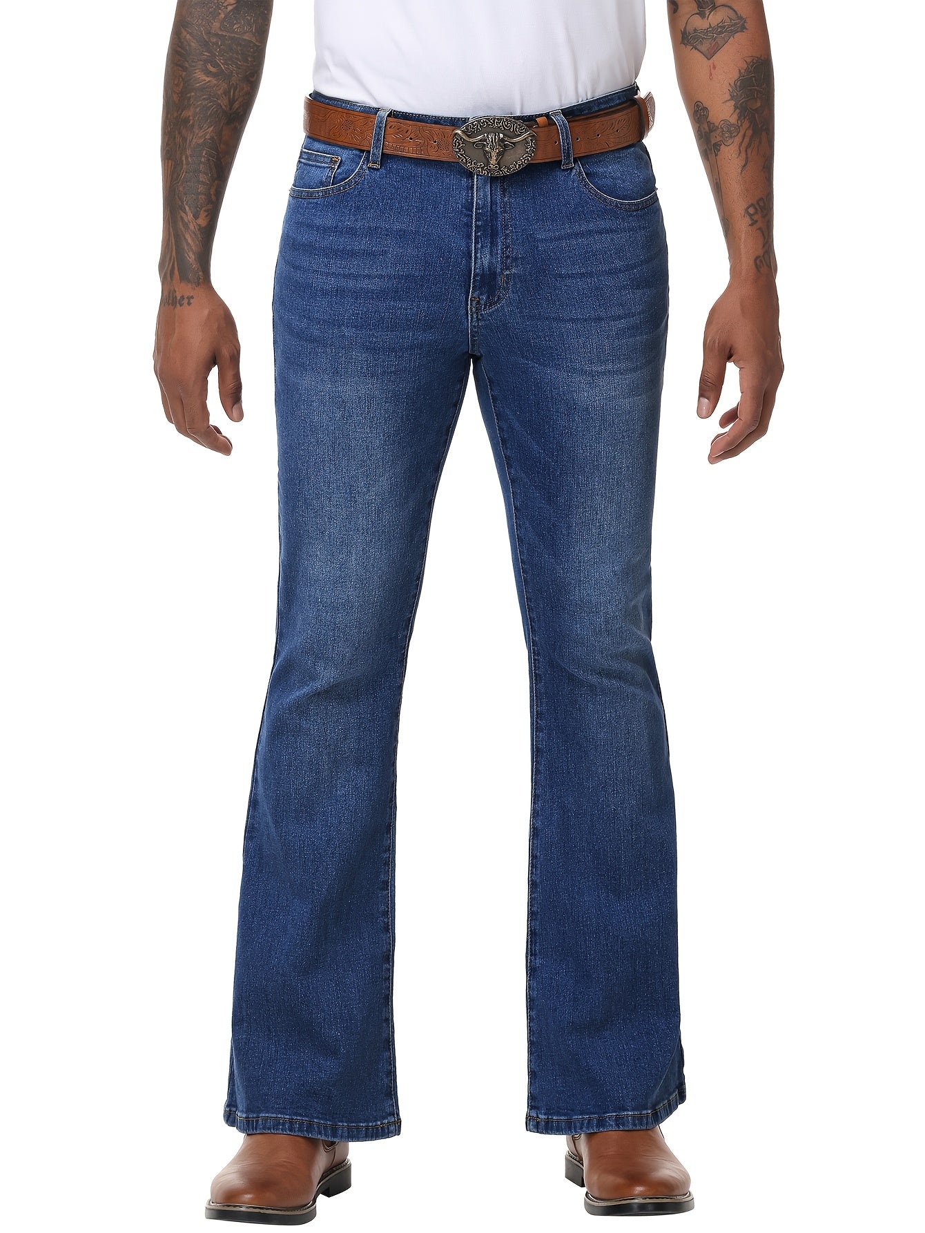 Men's Vintage 70s Retro Bell Bottom Jeans - Wide- Flare Pants with Mid-Stretch Blend, Beltless Suitable for Disco Parties, Night Out & Casual Attire, Machine Washable Mid-Rise Bottoms