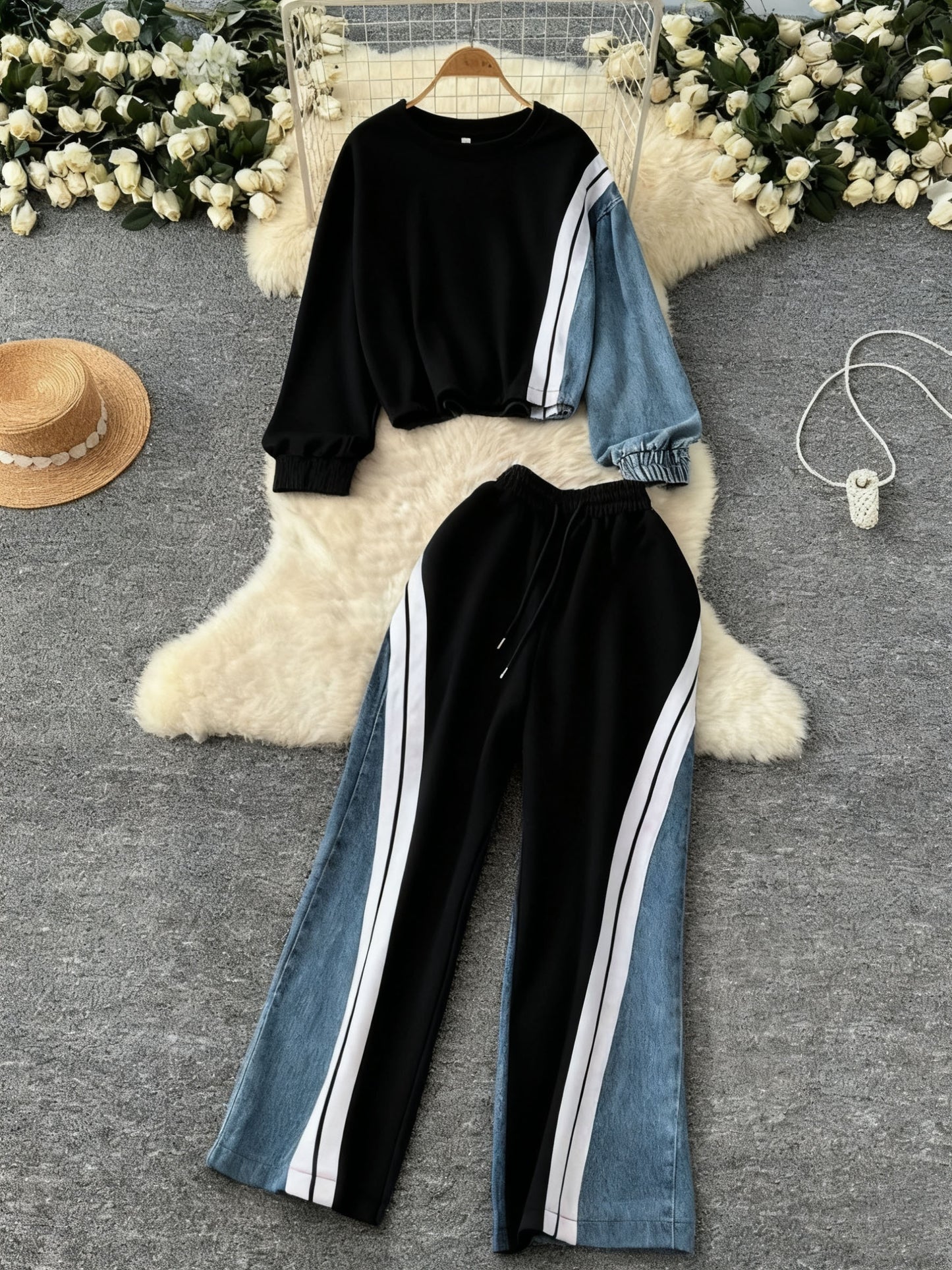 GlOURI Women's 2pcs Tracksuit - Color Block Design & Contrast Side Stripe & Wide-Leg Pants Detail | Casual Trendy Fit for Urban Daily Wear (Slim-Cropped Silhouette & Bold Contrast Stripe Design) for Effortlessly Stylish Looks