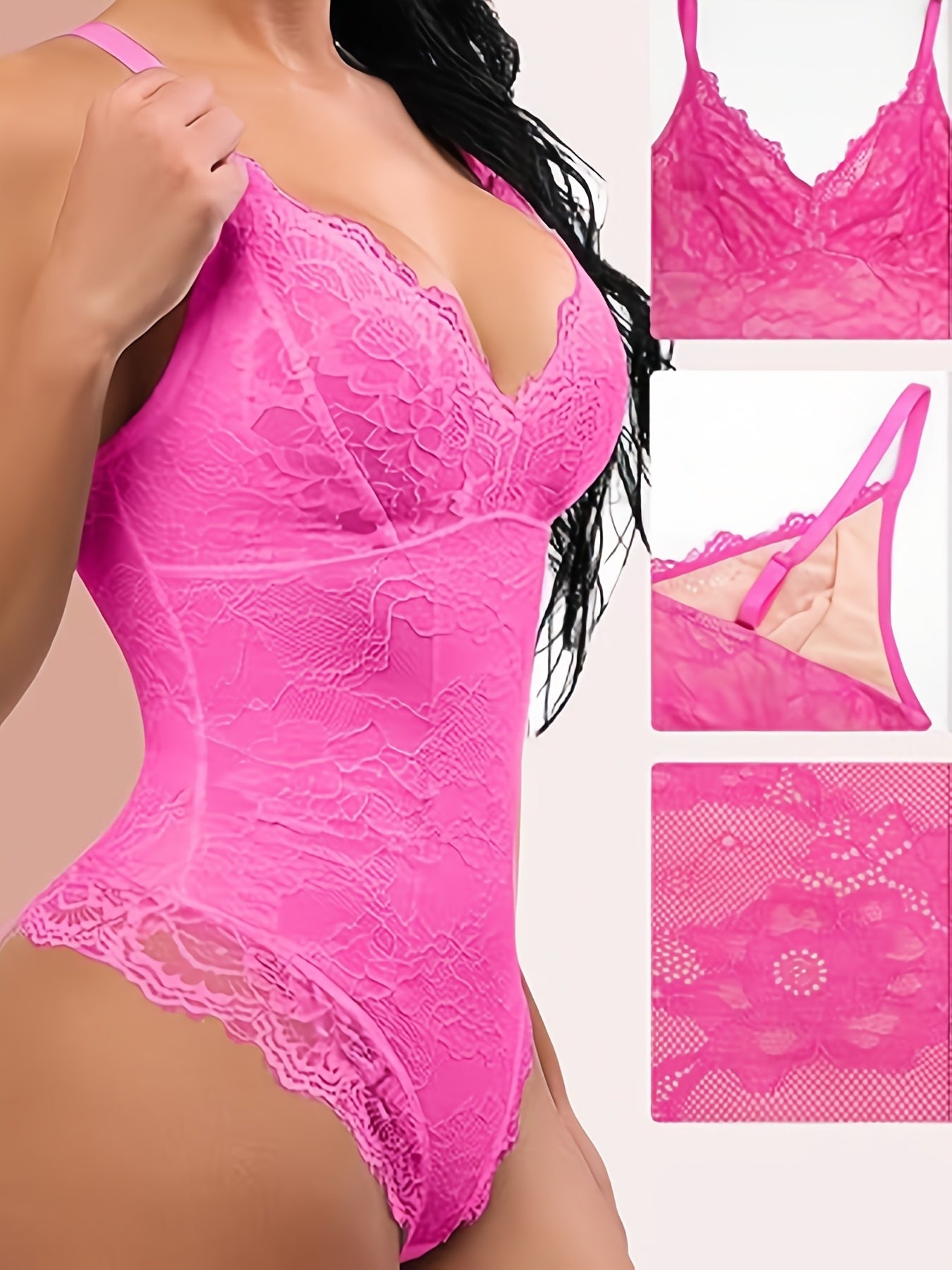 Sleeveless V-Neck Lace Bodysuit for Women, Tummy Control Shapewear Jumpsuit