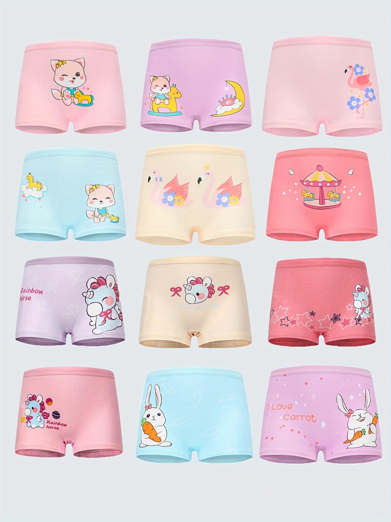 Random 12pcs Girls' Underwear Soft Comfortable Breathable Girls' Boxer Underwear Cute Cartoon Patterns Girls' Underwear