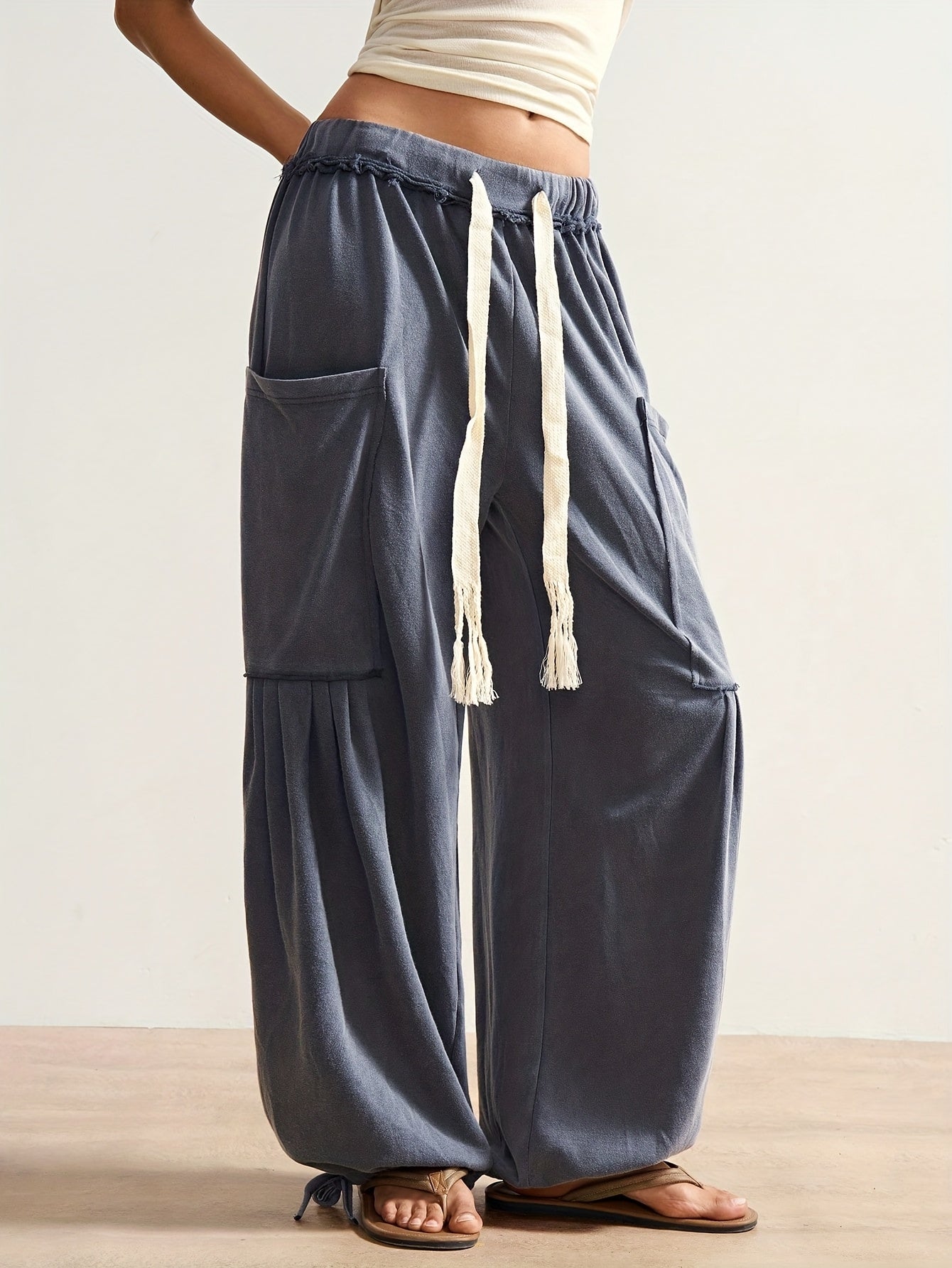 Spring and Summer Women's Bohemian Style Independence Day Leisure Vacation Solid Color Loose Women's Pants, Daily Festival Home Indoor Comfortable Wear