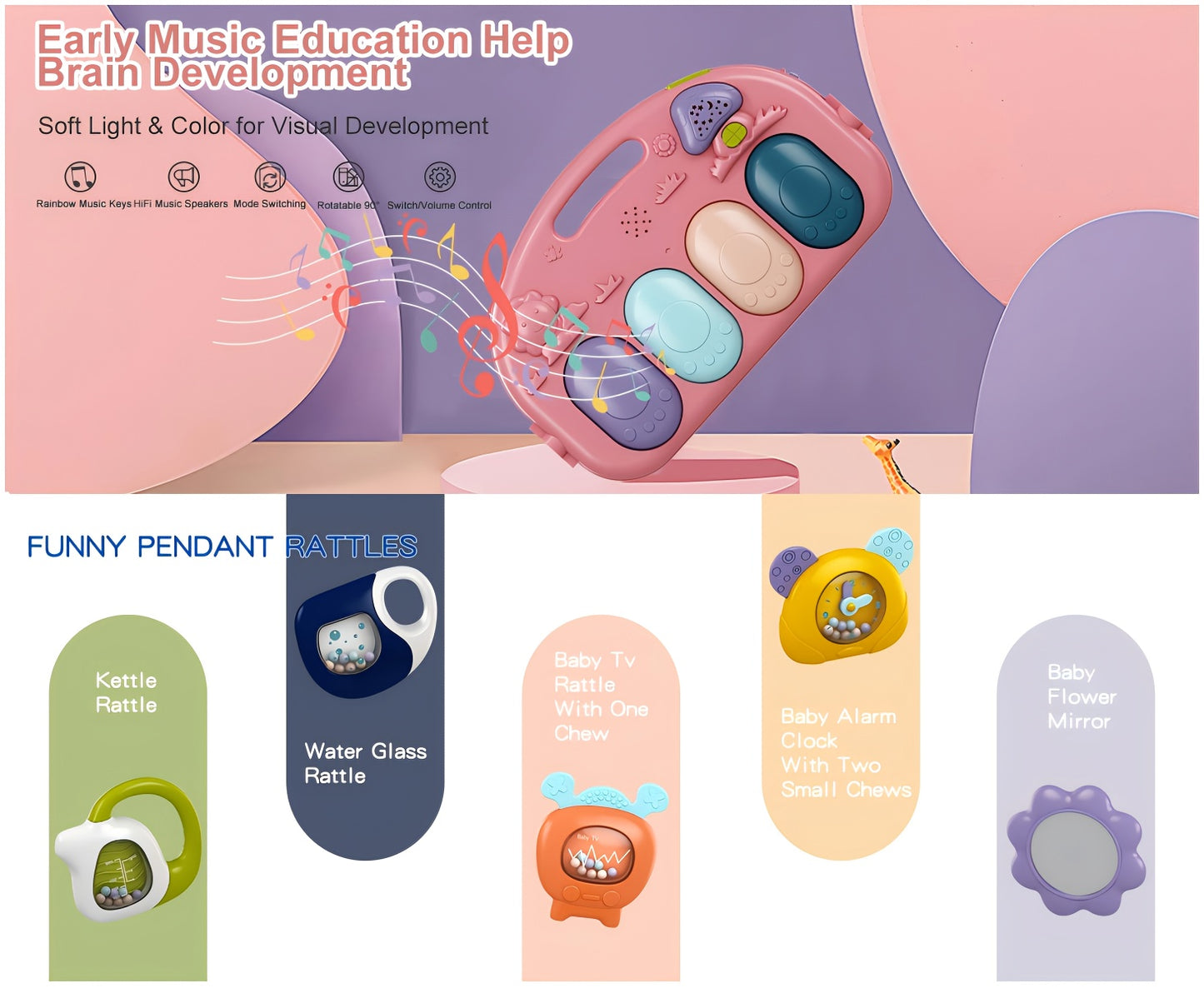 Baby Play Mat Baby Gym, Funny Play Piano Tummy Time Baby Activity Mat with 5 Infant Sensory Baby Toys, Music And Lights Boy & Girl Gifts
