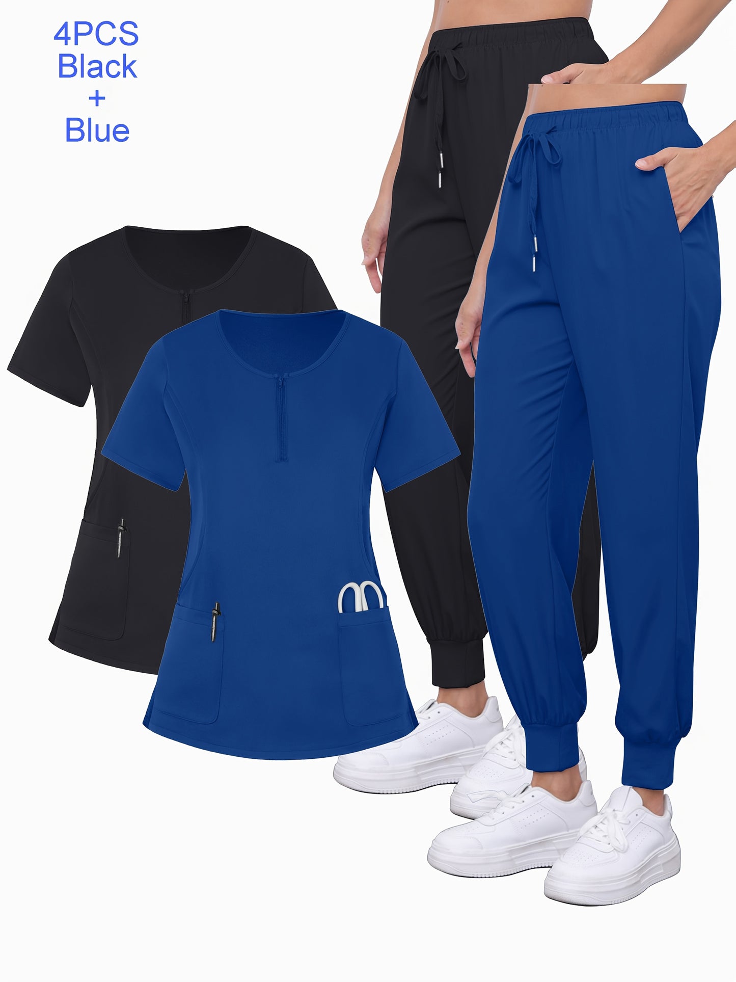 4pcs Set Of Multi-color Women's Round Neck Zipper Matte Breathable Sports Uniform Pocket Hand Washing Work Clothes Brush Hand Clothes Tying Feet Pants Set