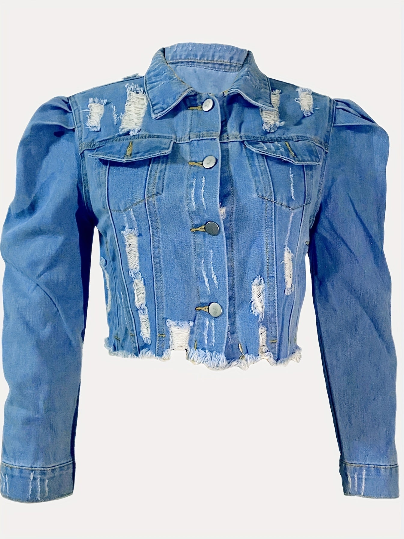 Women's Ripped Denim Jacket Casual Long Puff Sleeve Button Cropped Jean Coats for Women