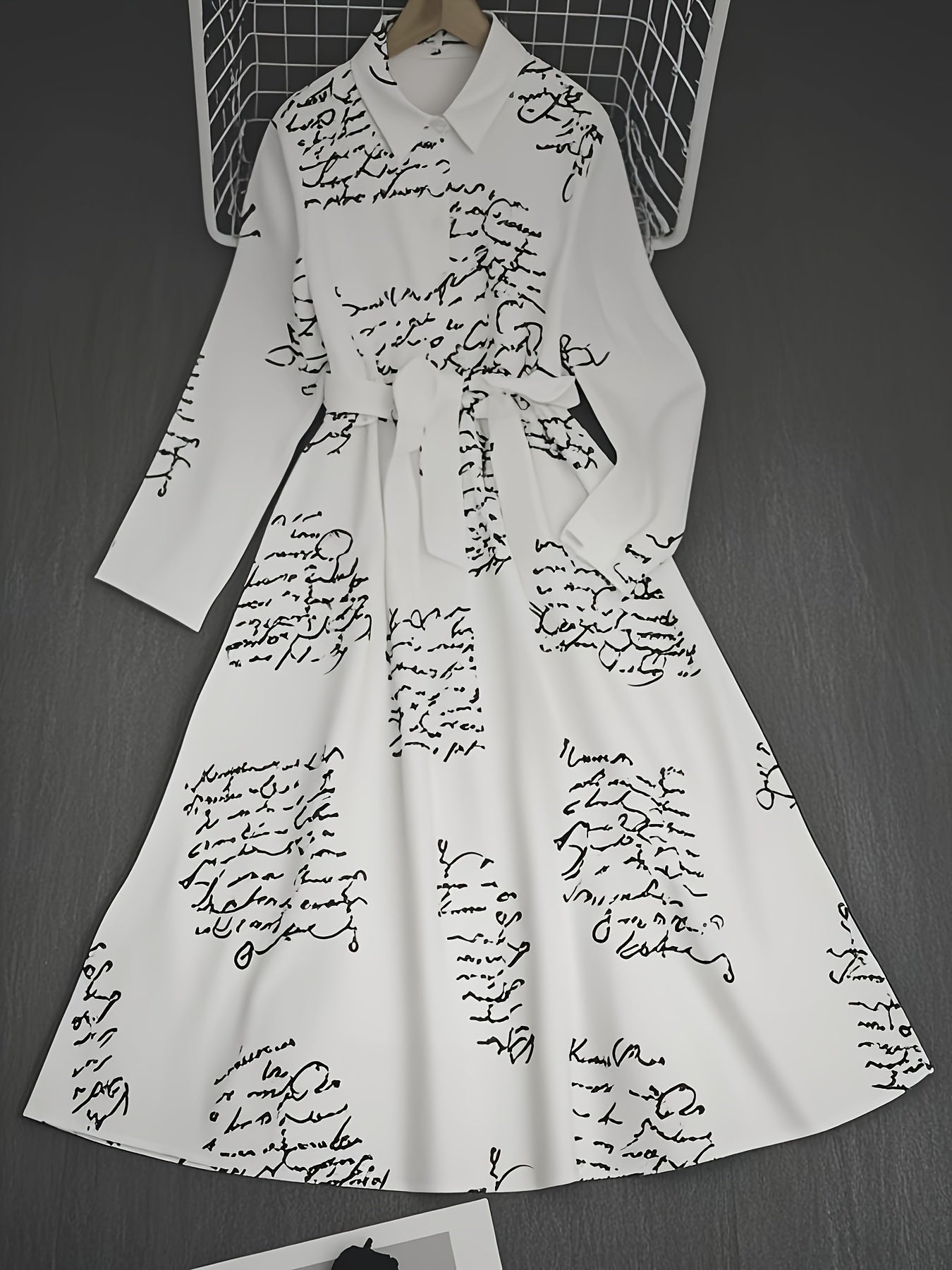 Women's Commuter Fashion POLO Neck Lining Long Sleeve Clothes Elastic Waist Large Swing Letter Printed Dresses