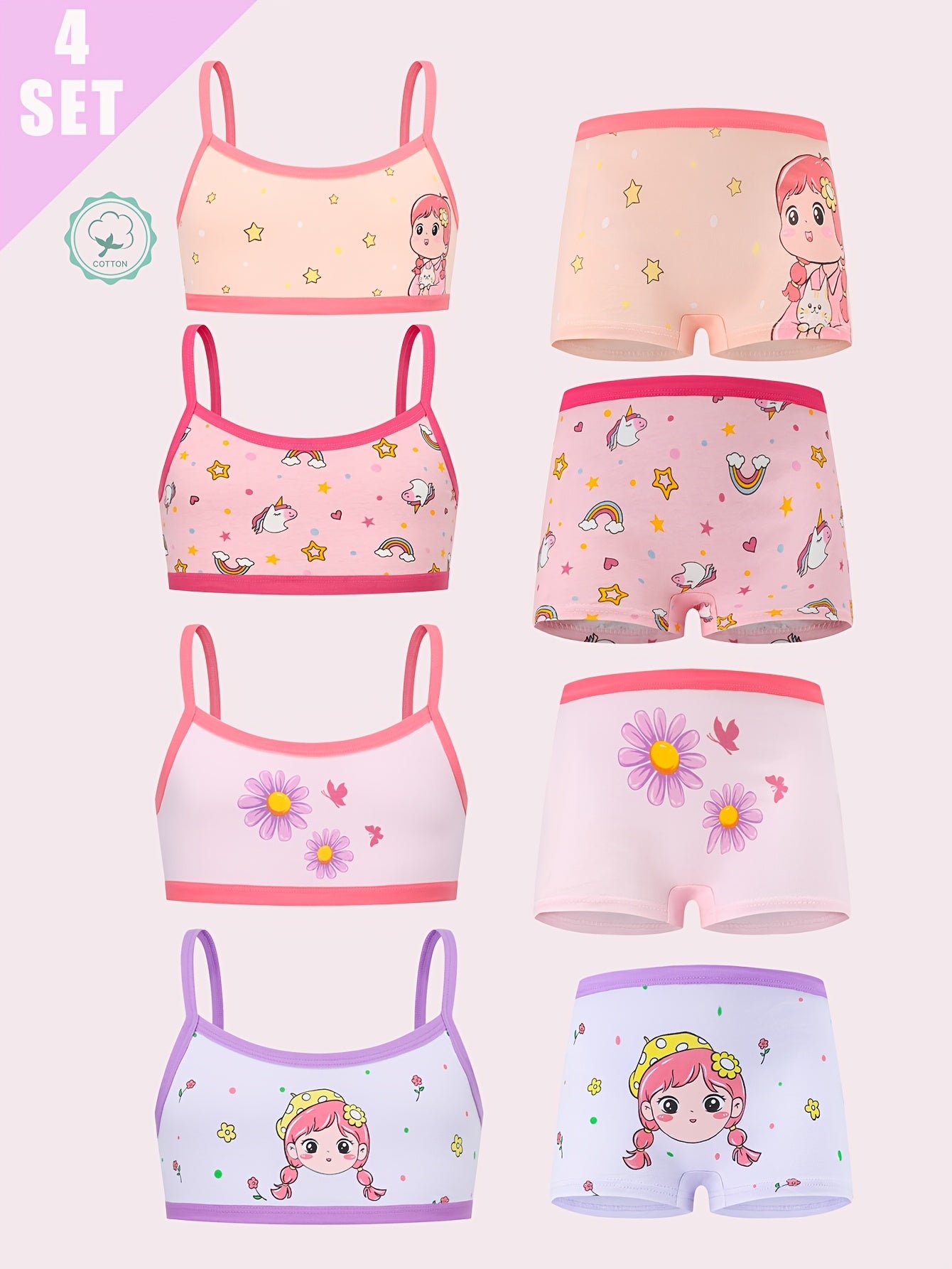 4 Sets/8pcs of Comfortable And Breathable Underwear for Teen Girls, Featuring Cute Patterns in Bra And Panty Sets