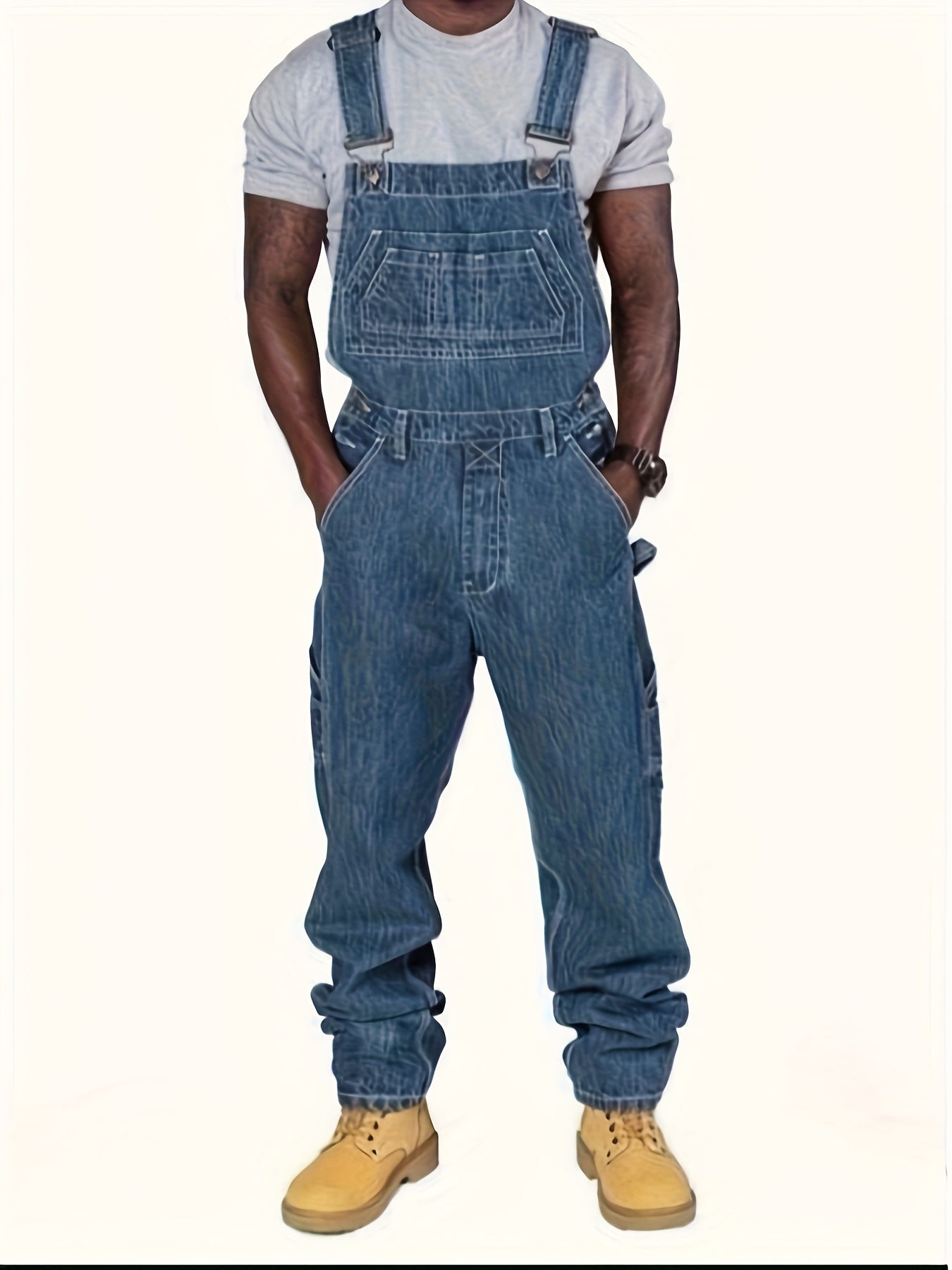 A Blue Men'S Jumpsuit, Casual Fashion Multi-Pocket, Loose Comfortable Solid Color Trend Jeans, Suitable for Spring And Autumn Season