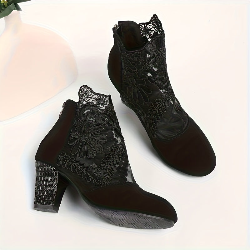 Sexy Black Lace Ankle Booties For Women Elegant Floral Mesh Dress Boots Chunky Block Heel 2.83in Back Zipper Breathable Cut Out Party Dance Wedding Evening Footwear Stylish Fashion Comfort Mid Heel Round Toe Shoes