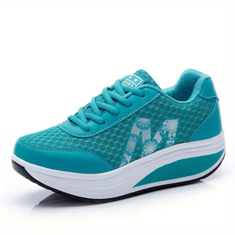 1 Pair Women'S Stylish Wedge Sneakers with Breathable Mesh & PU Cover Upper, Vibrant Pink Letter "M" Floral Print & Accent - Comfortable Lace-Up Low-Top Platform Shoes with Arch Support, Cushioned Insole & Non-Slip Rubber Sole for Gym, Walking