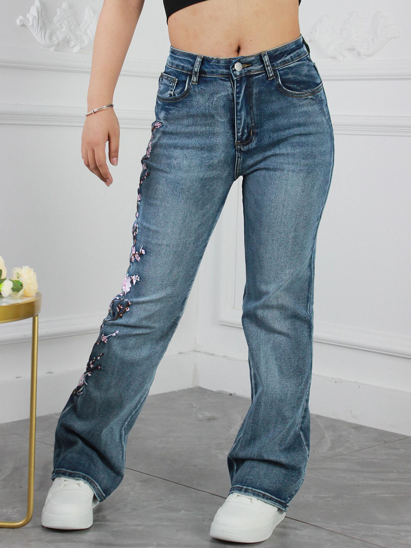 Women'S Vintage High Waist Jeans Micro Stretch Slim Bootcut Jeans, Floral Embroidered Flared Jeans, Vintage Style, Elegant