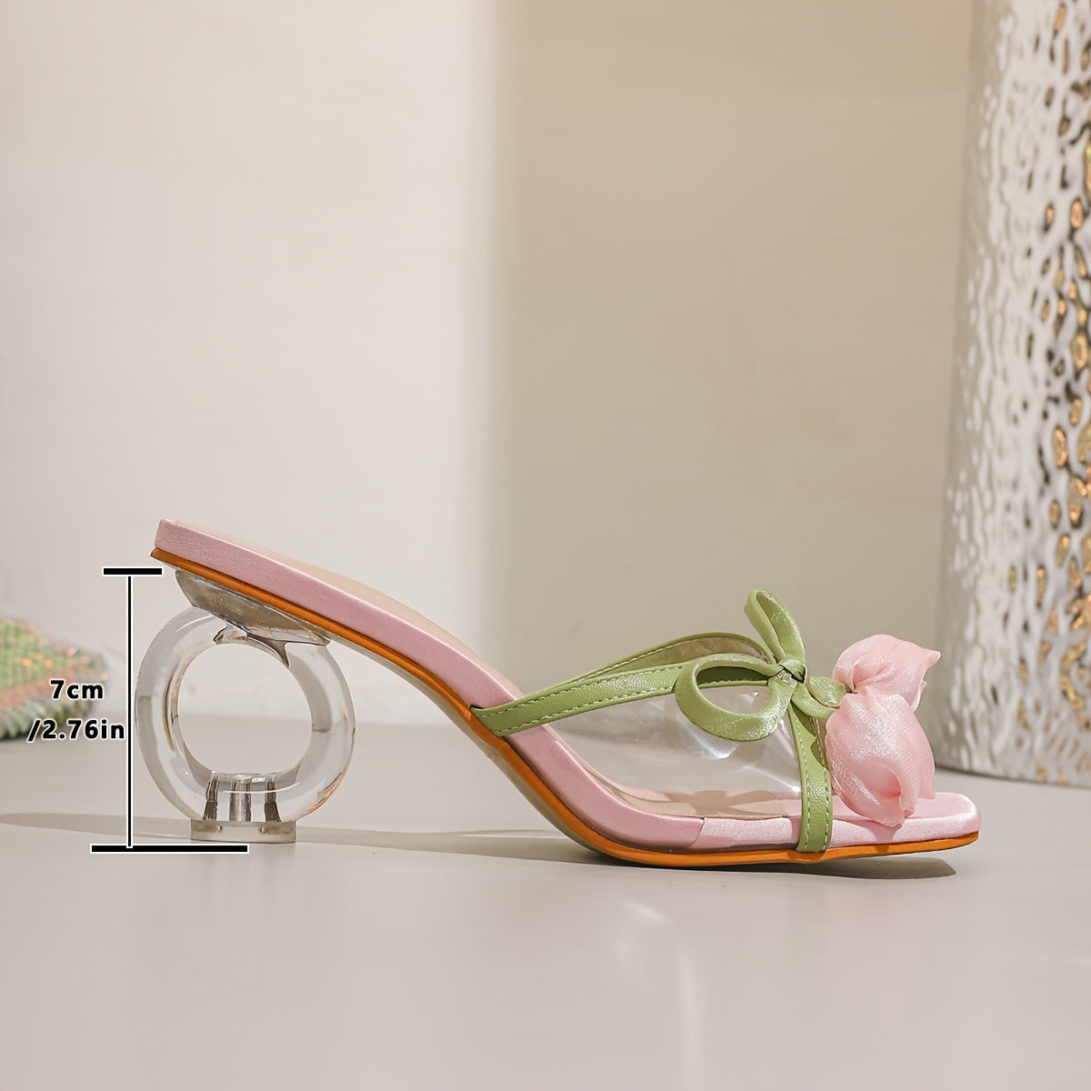 Elegant Ladies' Transparent High-heeled Sandals with Pink Floral Tulip Decoration | Slip-on, Open Toe, Strappy Back, Contoured Heel, Rubber Sole, Upper and Insole