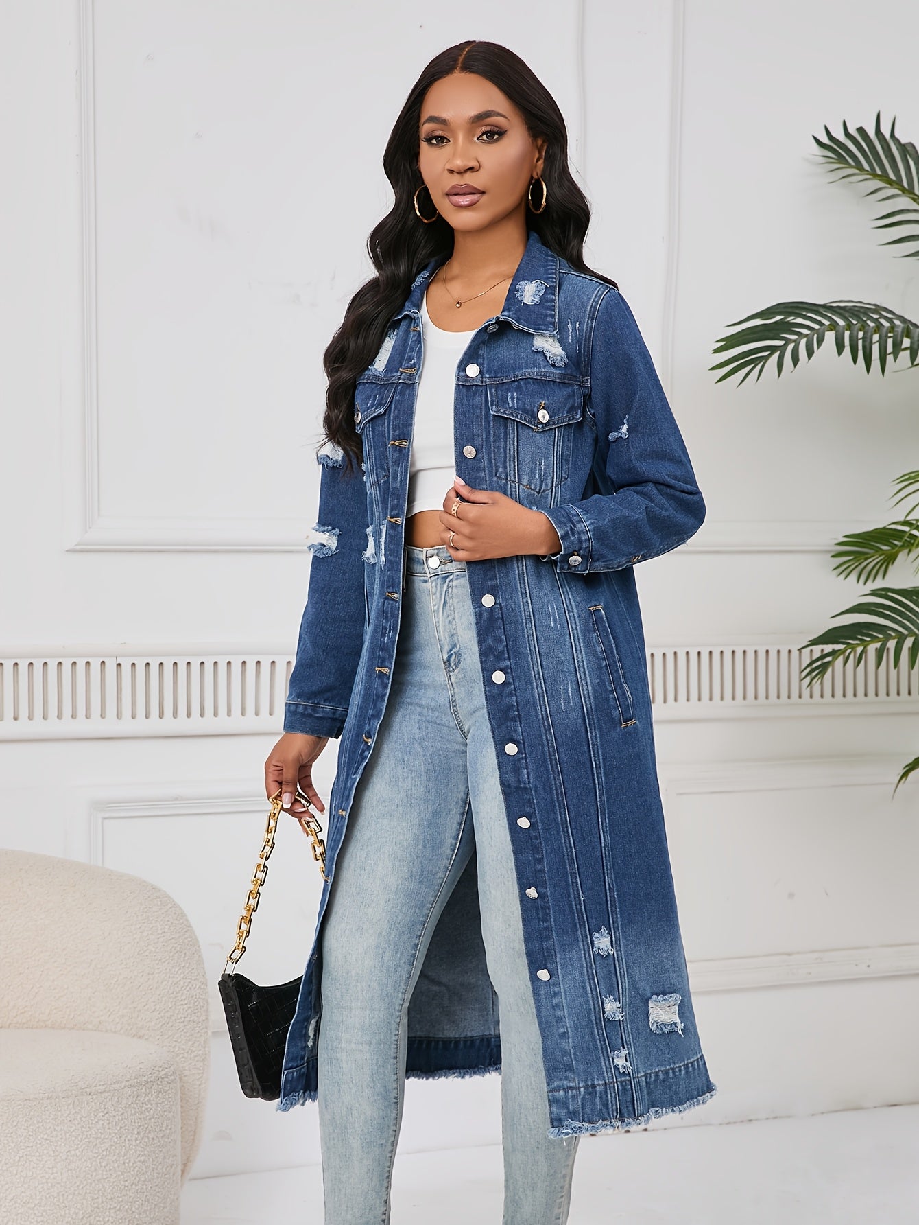 Long Ripped Denim Jacket with Real Pockets, Casual Windbreaker