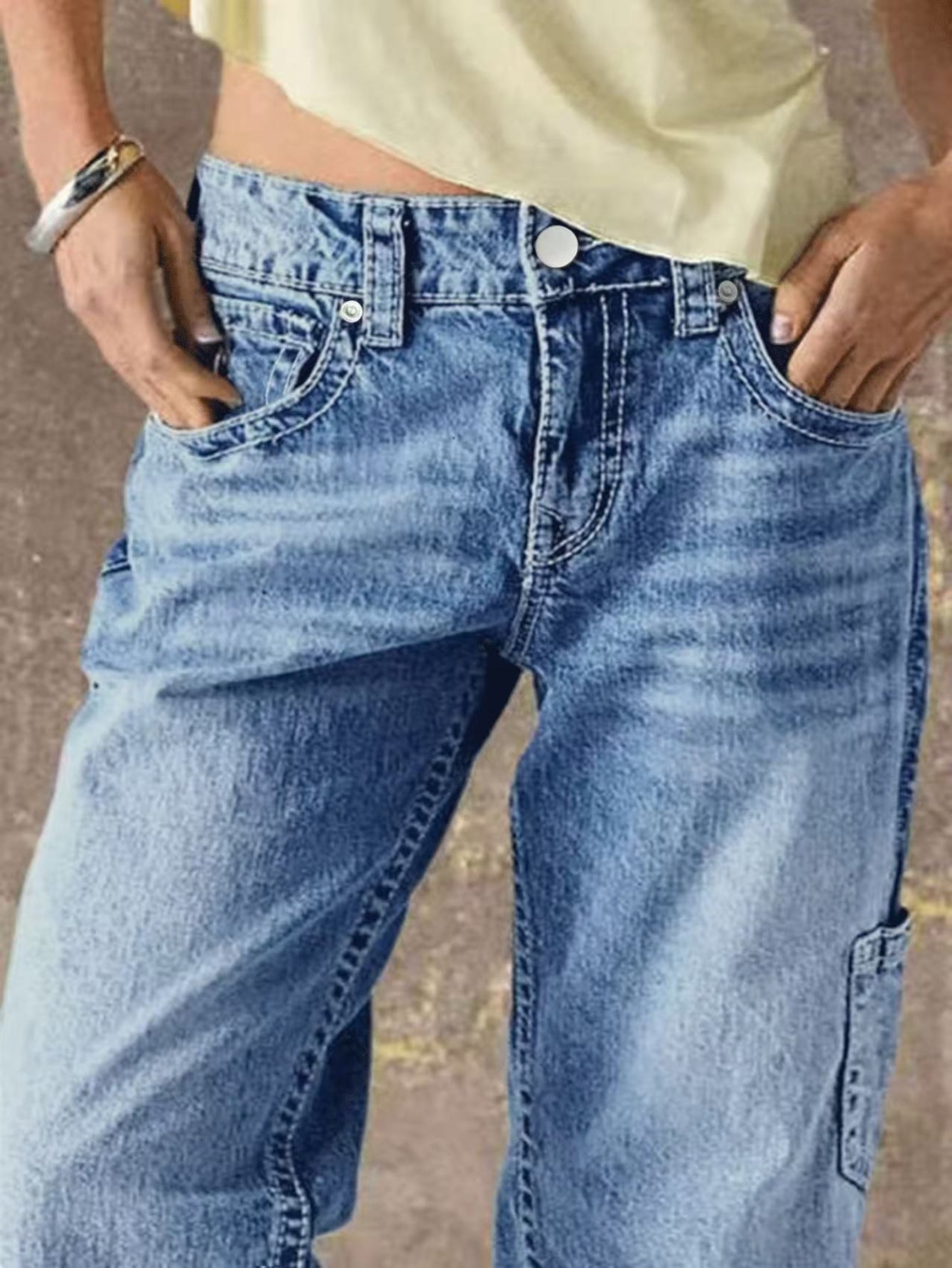 Women'S Spring New Retro Jeans, High-Waisted Loose Style, Multi-Pocket Washed Straight-Leg Denim Pants