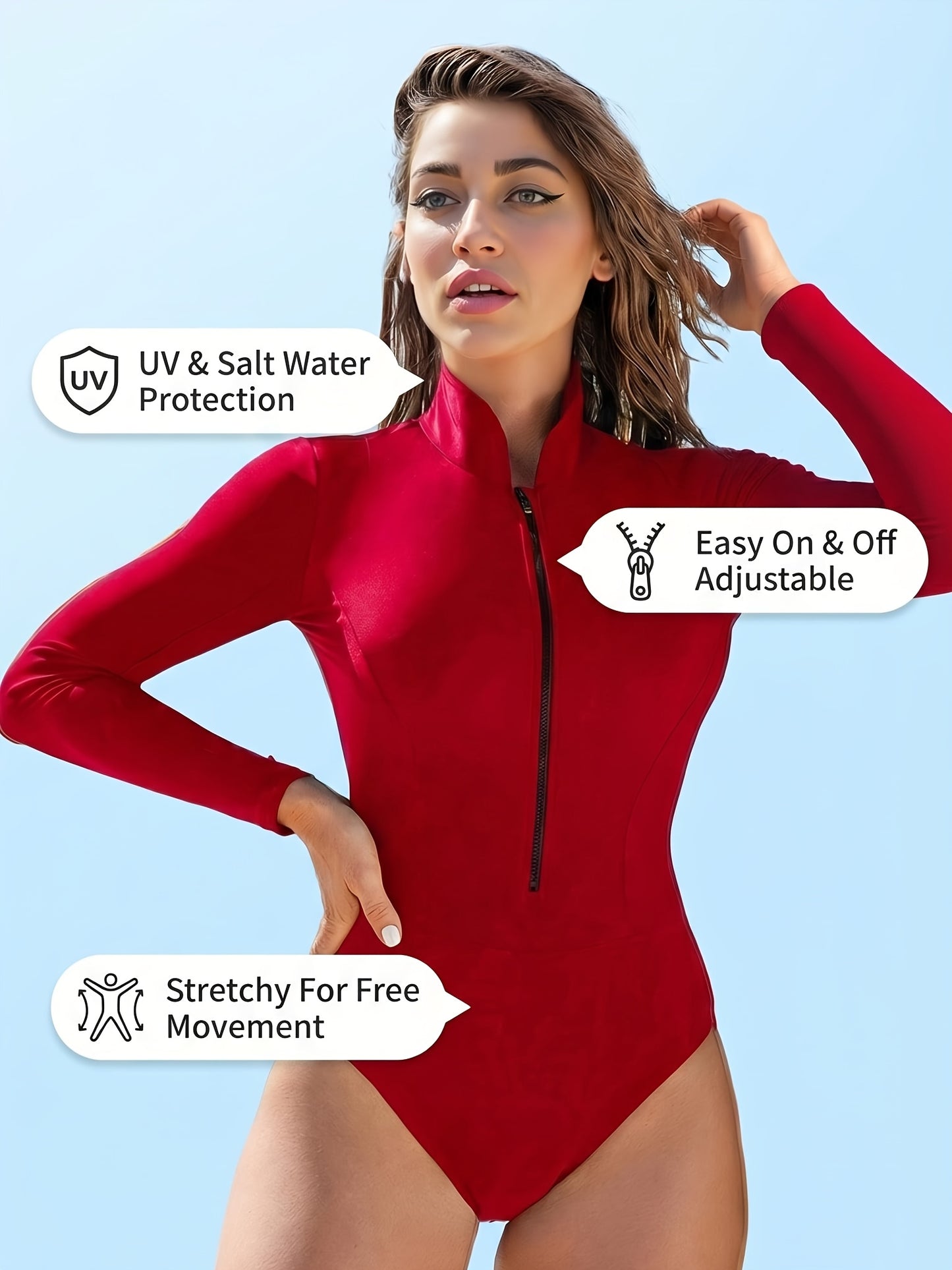 Women'S Long Sleeve Rash Guard Bathing Suit Zip Up One Piece Swimsuits Modest Surfing Swimwear