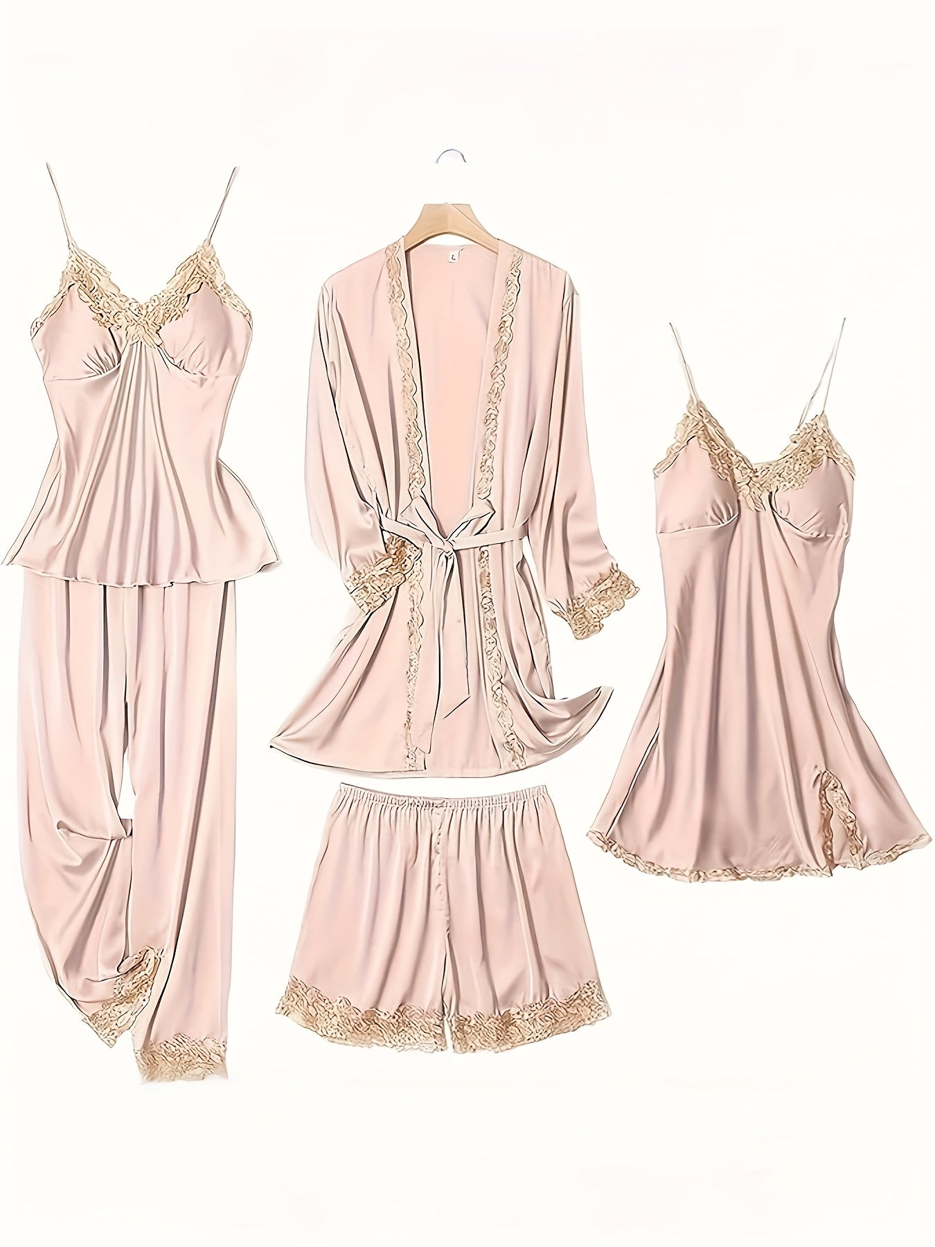 5pcs Set of Women'S Lace Sleepwear, Featuring a Charming Pajama, Casual Satin Outfit That Is Loose, Cozy, And Soft. The Set Includes a Robe, a Strap Skirt, a Short Tank Top, Shorts, And Pants