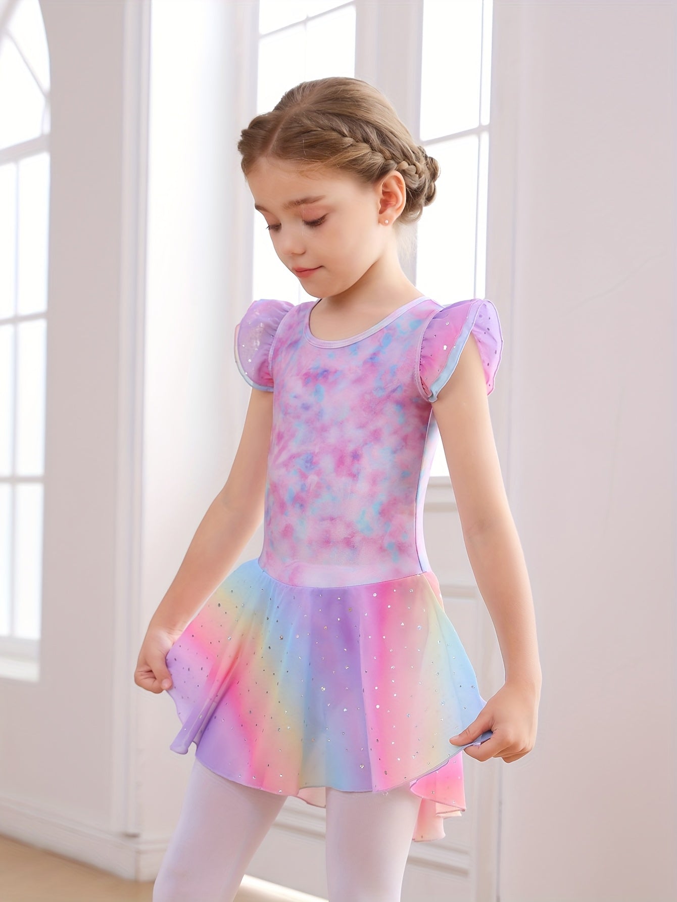 Christmas Girl's Clothes; Children's Dance Dress; Girl's Summer Dress; New Butterfly Pattern Rainbow Round Light Sequin Skirt; Children's Dress; Ballet Leotard; Gymnastics Suit.