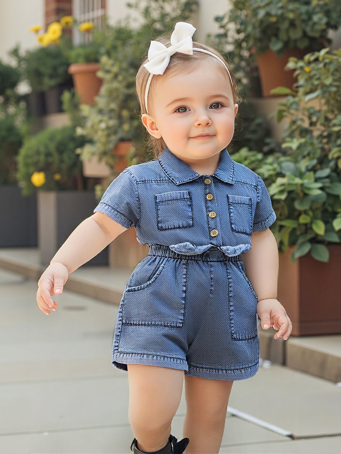 Denim Overalls for Baby Girls Featuring Short Sleeves, a Turn- Collar, Button Closure, And an Elastic Waistband
