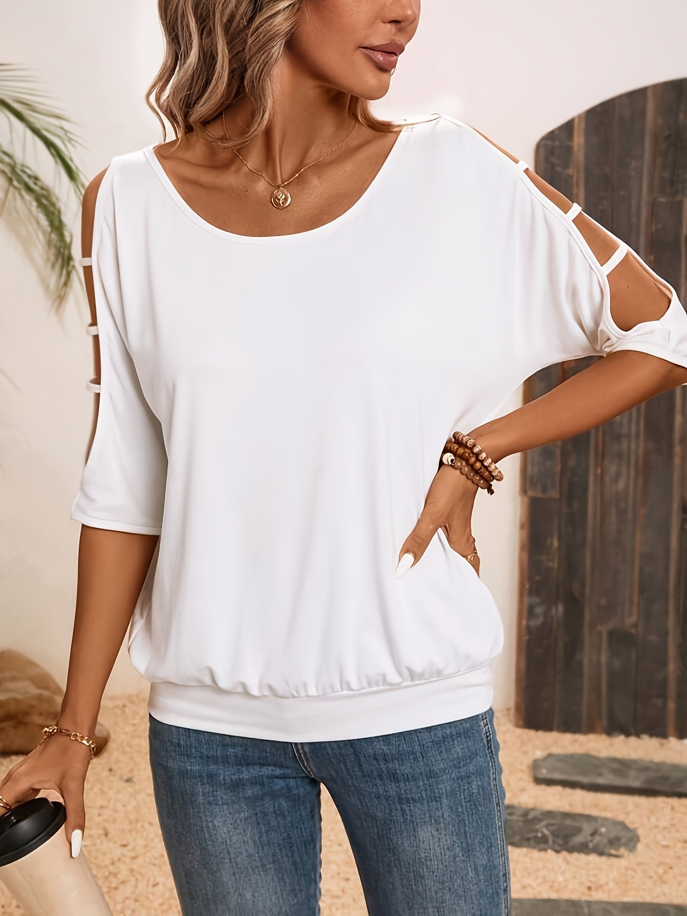 Spring And Summer New Solid Color Round Neck T-shirt Casual Hollow Off-shoulder Short-sleeved Top