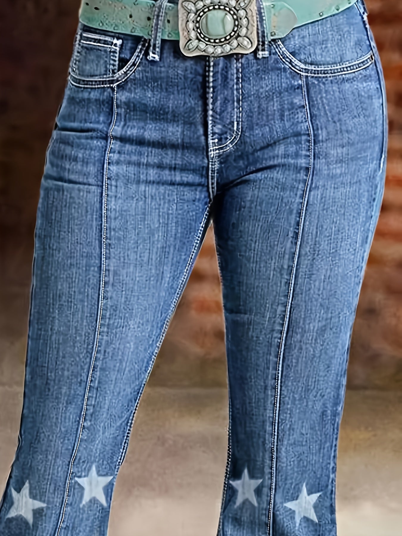 HME Women's Star Print Slim Fit Ankle Patchwork Stretch Flare Jeans, Belt Not Included