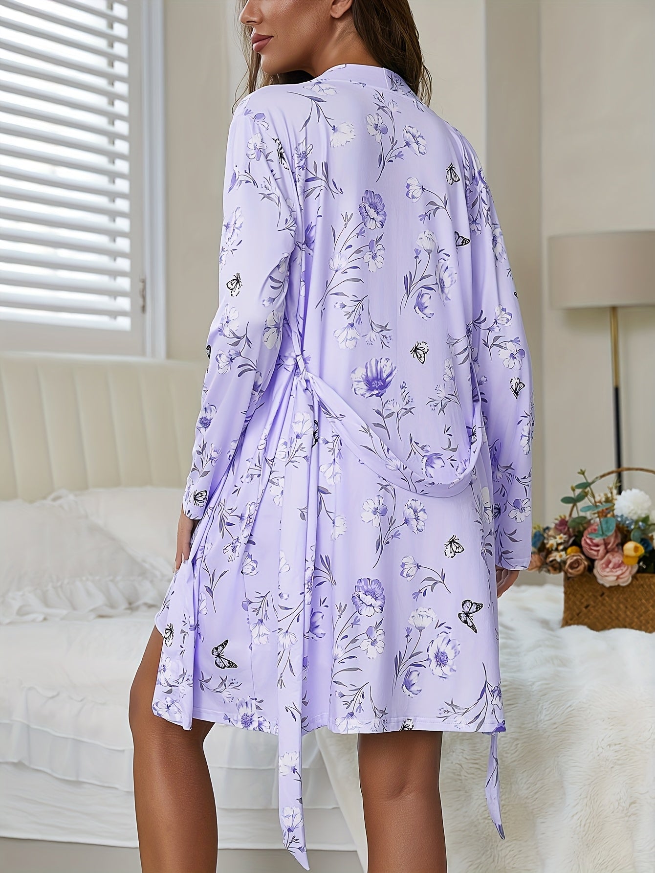 Women'S Floral Print Lace-Trimmed Slip Dress & Long Sleeve Robe Set - 2pcs Casual And Comfortable Pajamas Set