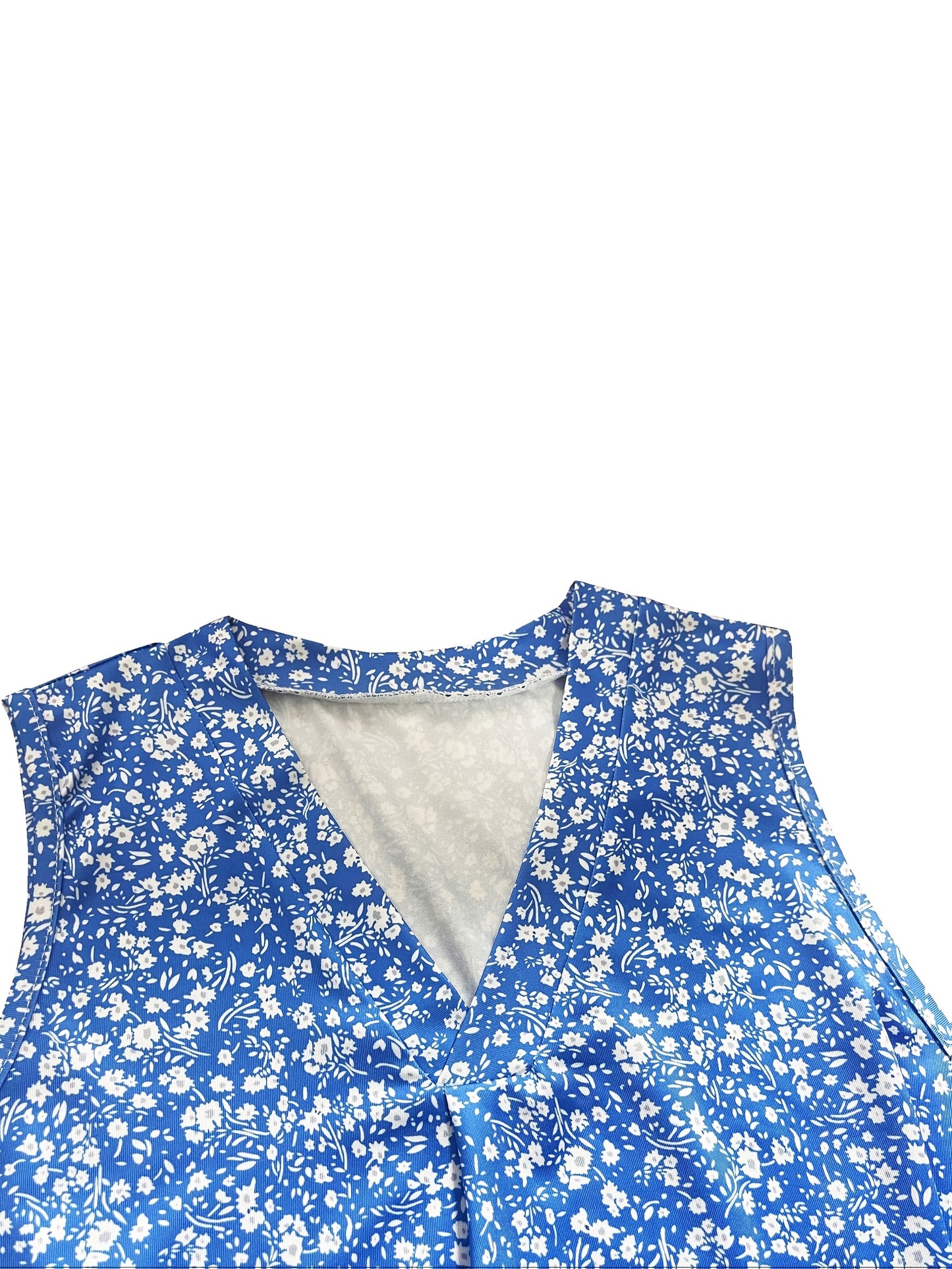 Women's Light Blue Floral Print V-Neck Tank Top - Sleeveless, Polyester Blend, Perfect for Summer Vacations, Machine Washable