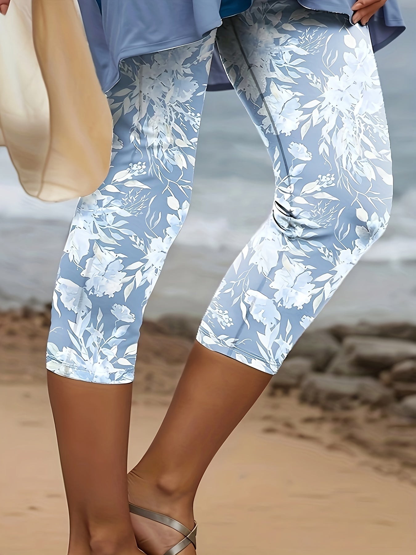Plus Size - Plus Size - Plus Size - Floral Pattern Leggings for Plus Sizes - Stylish Slim Jeans Featuring White And Light Blue Floral Patterns, Flexible Fabric for Year-Round Comfort, Beach-Inspired Style