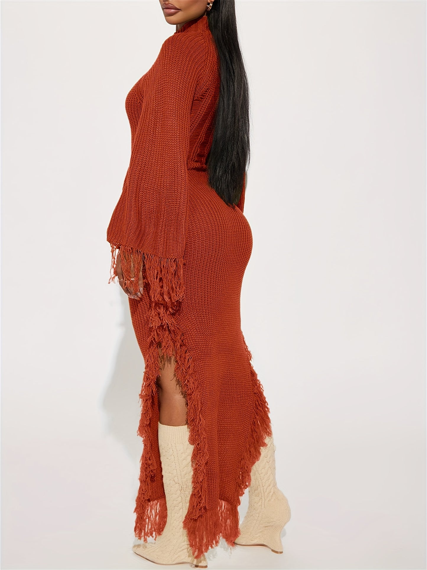 Gifts for Her, Fringe Trim Sweater Dress for Women, Batwing Long Sleeve High Neck Maxi Dress with Asymmetrical Hem, Sexy And Chic Style, for Fall Winter