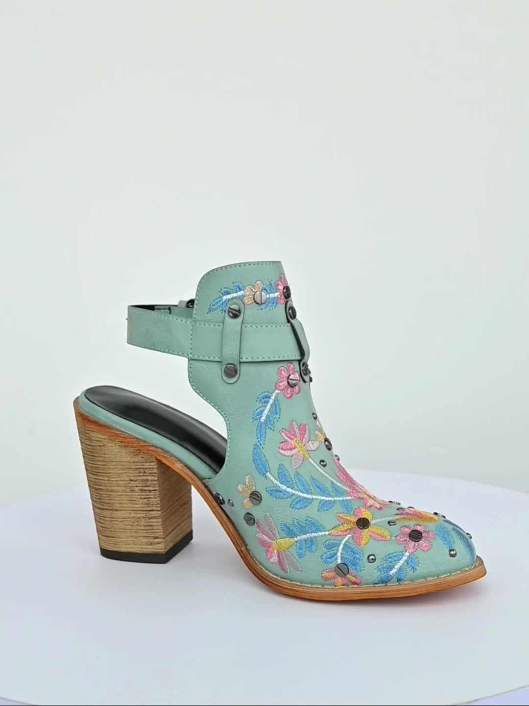 2025 New Women's Chunky Heel Ankle Boots, Pointed Toe Floral Vintage Style with Comfortable Open Back Strap, Women Shoes