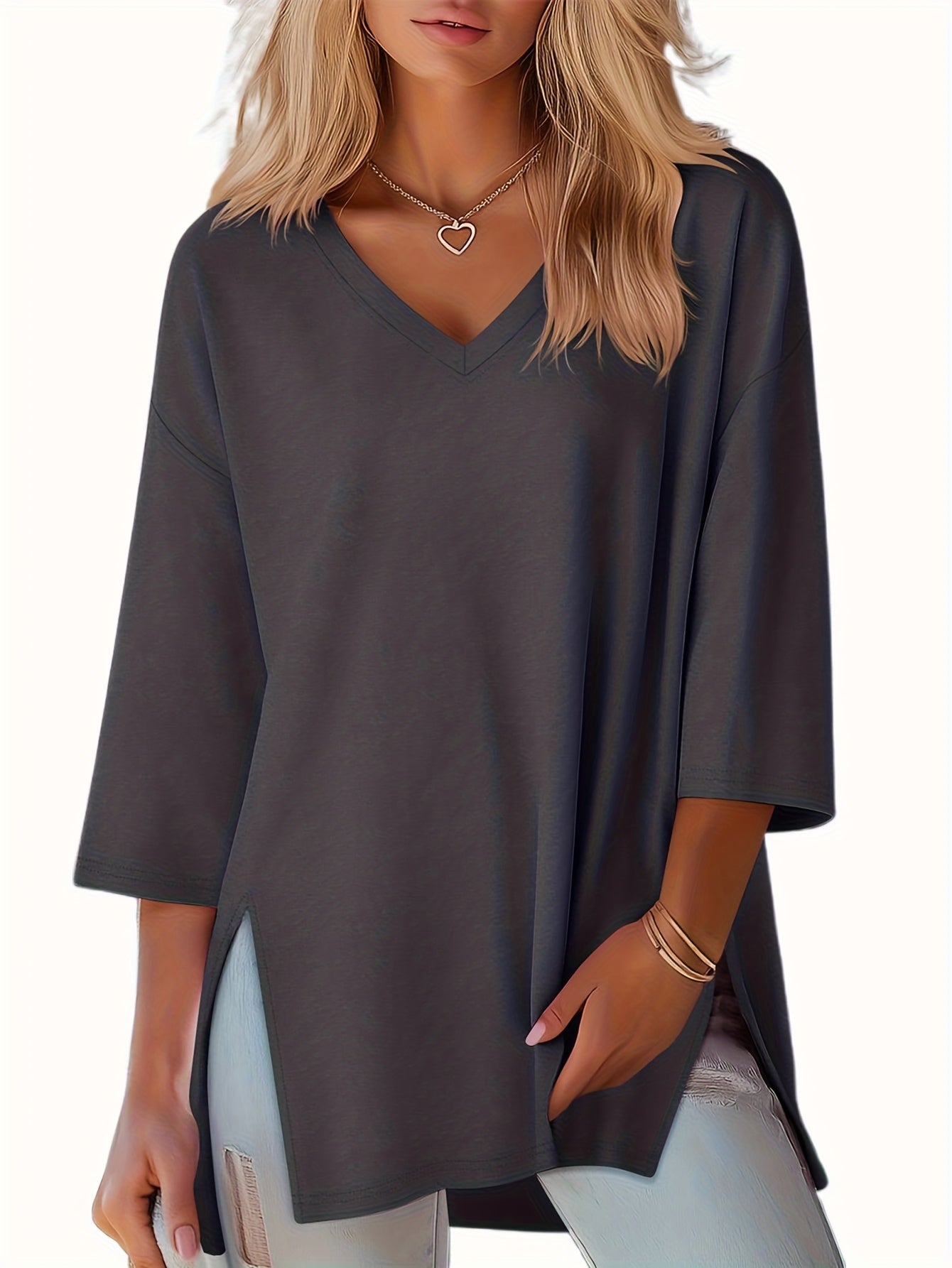 Three-piece Women's Fashion Large 3/4 Sleeve Top, V-neck y Casual Side-slit Shirt, Loose Basic Seven-quarter Sleeve T-shirt