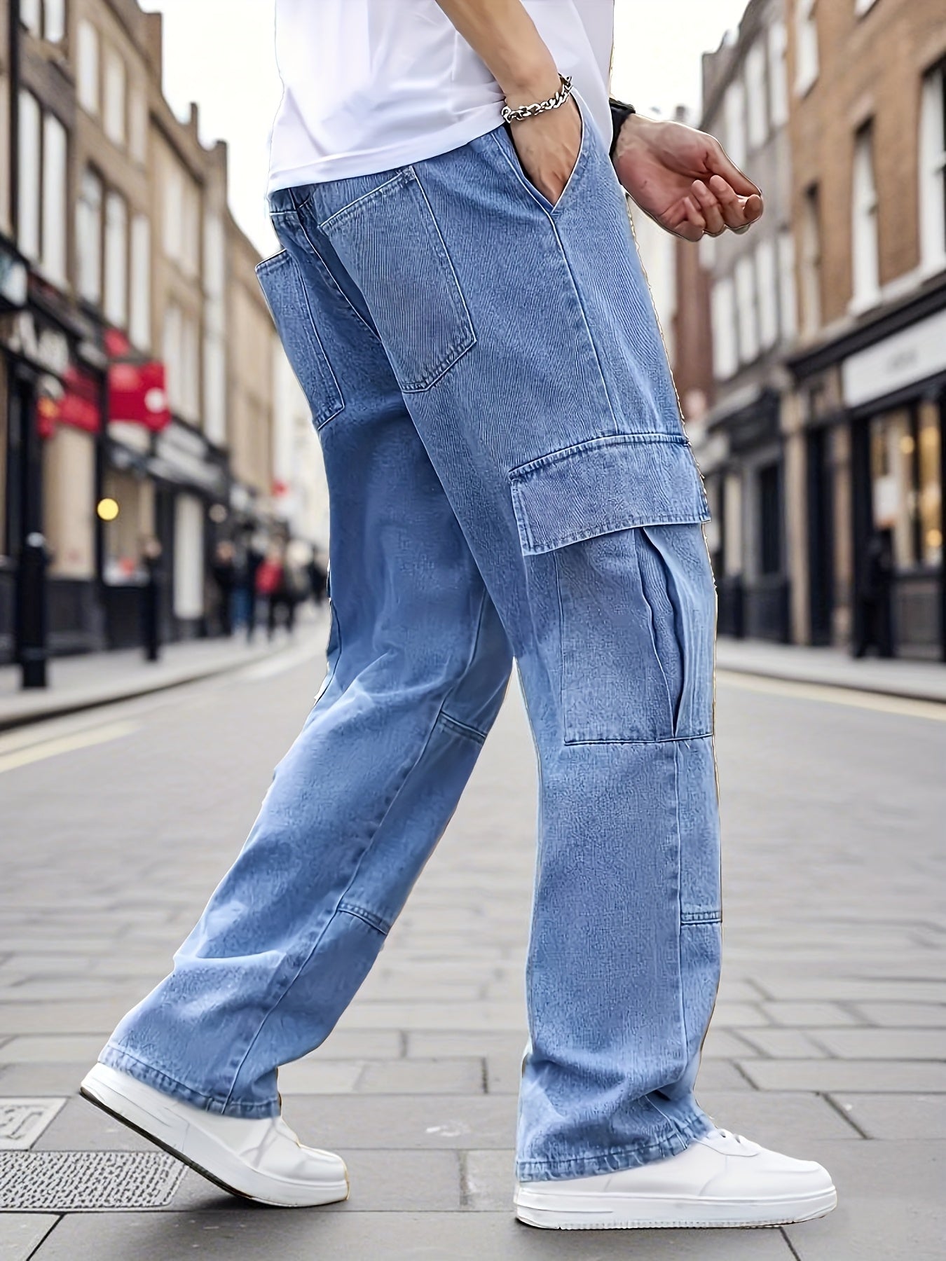 Men's Light Blue Denim Work Pants - Multi-Pocket Wide Leg Trousers Suitable for All- Outdoor Wear, Loose Fit High Street Style with Built-In Zipper Closure, Machine Washable Blended Denim for Casual & Work Pants