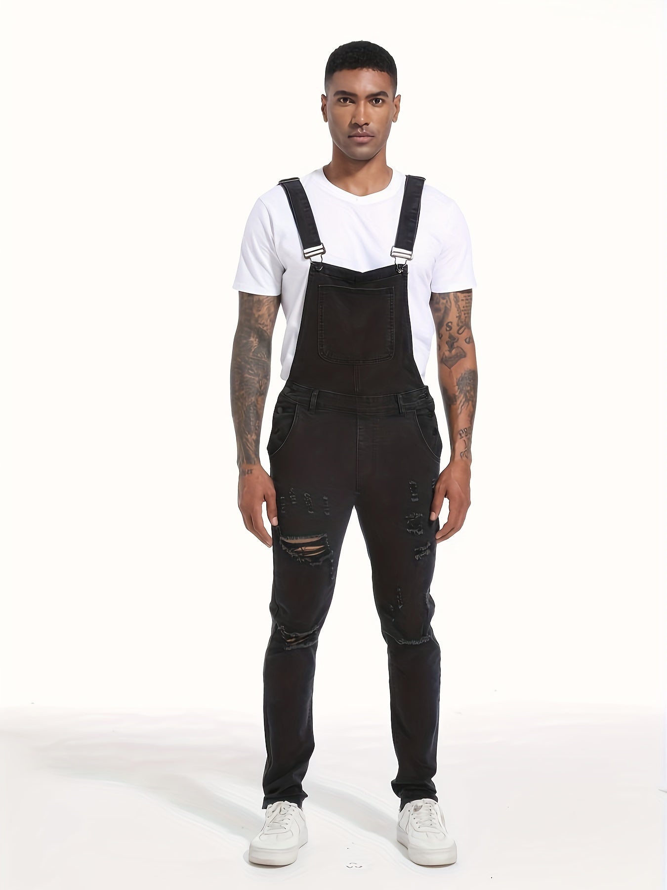 Stylish And Modern Men'S Denim Overalls with Multiple Pockets, And Distressed for Work