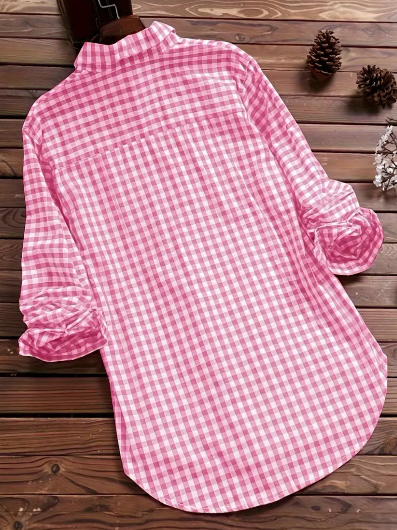 Plus Size - Plus Size - 2024 New Plaid Long Johns with Lapel Long Sleeve Vintage Shirt Buttons