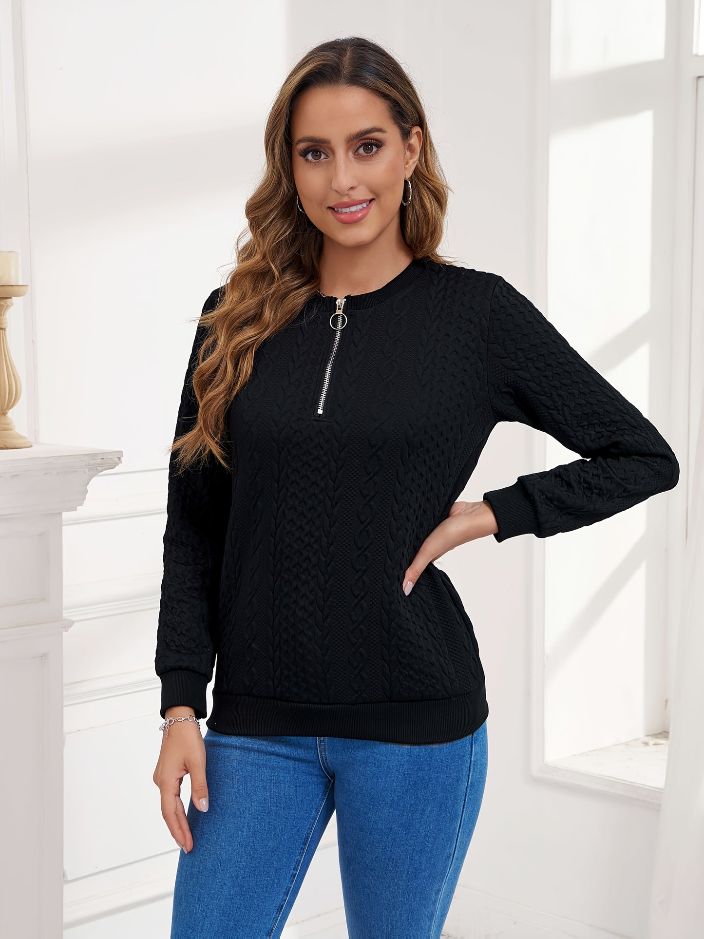 European And American Women's Fashionable Embossed Pullover Hoodie, Zipper Autumn And Winter Casual Long Sleeved Textured Top, Solid Color Long Sleeved Sportswear, Women's Clothing