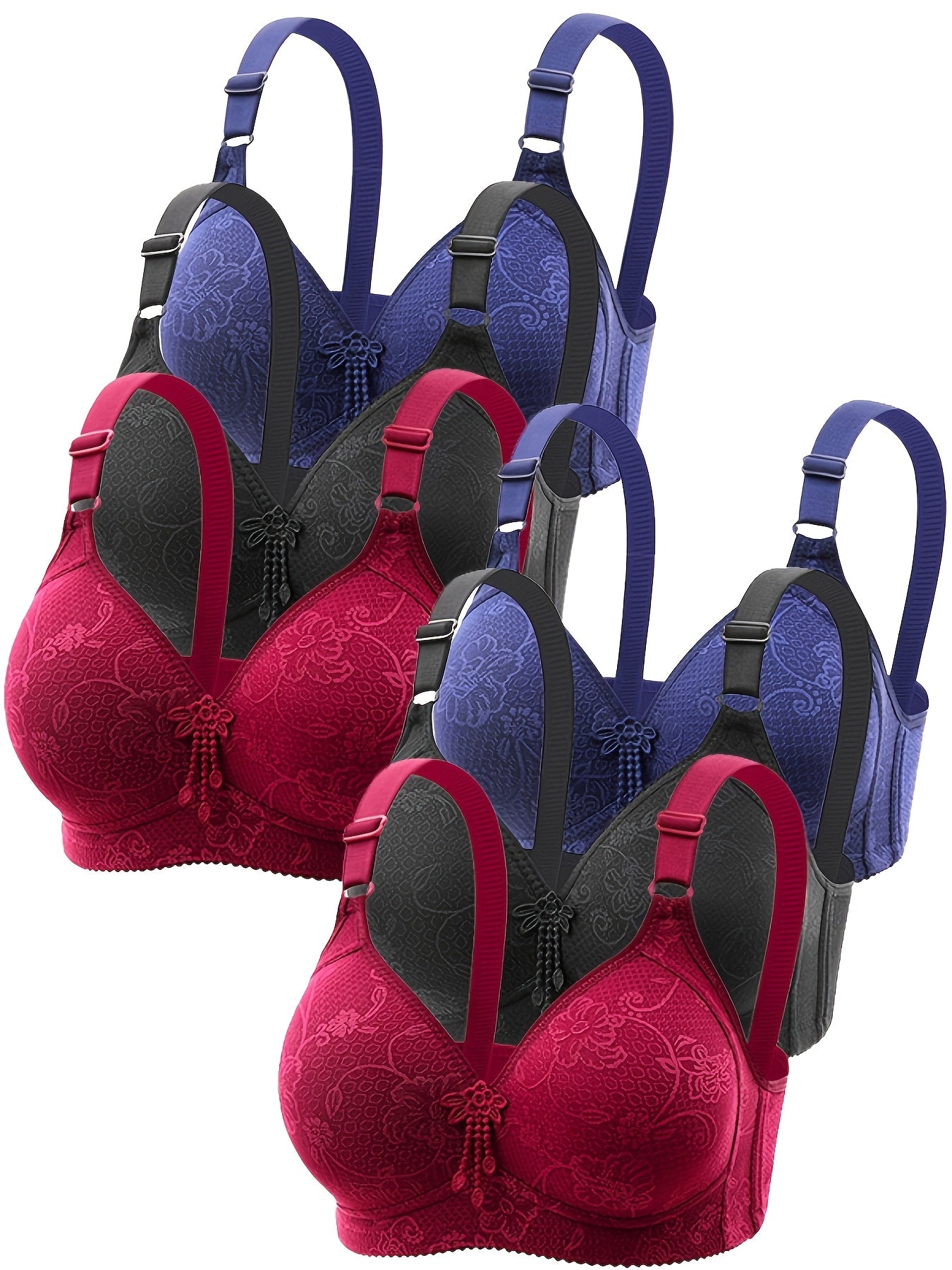 6pcs Lace Floral Design Women's Gathering Bra Breathable Solid Color Seamless Sports Bras