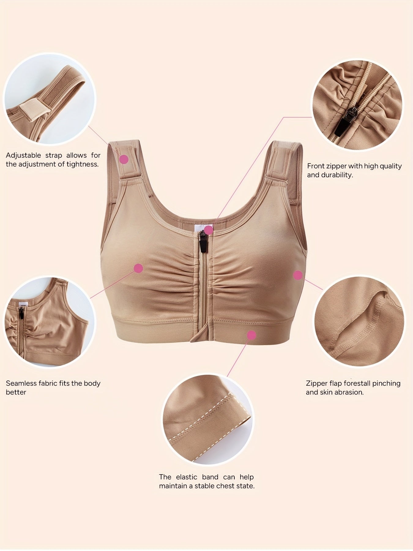 New Style Zip Front Closure Everyday Bra for Women Post Surgery Compression Support with Adjustable Straps Wirefree Wireless Full Coverage Comfort Everyday 84%Cotton 16%spandex Suitable for Post-surgery And Daily Out-of-home Exercise Yoga