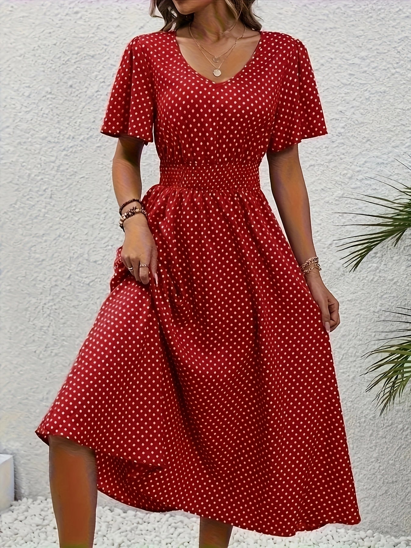 Stylish Pink Polka Dot Midi Dress for Ladies - Casual V-Neck, Ruffled Sleeves, Fitted Waist Design, Made from Lightweight, Ideal for Spring And Summer, Machine Washable