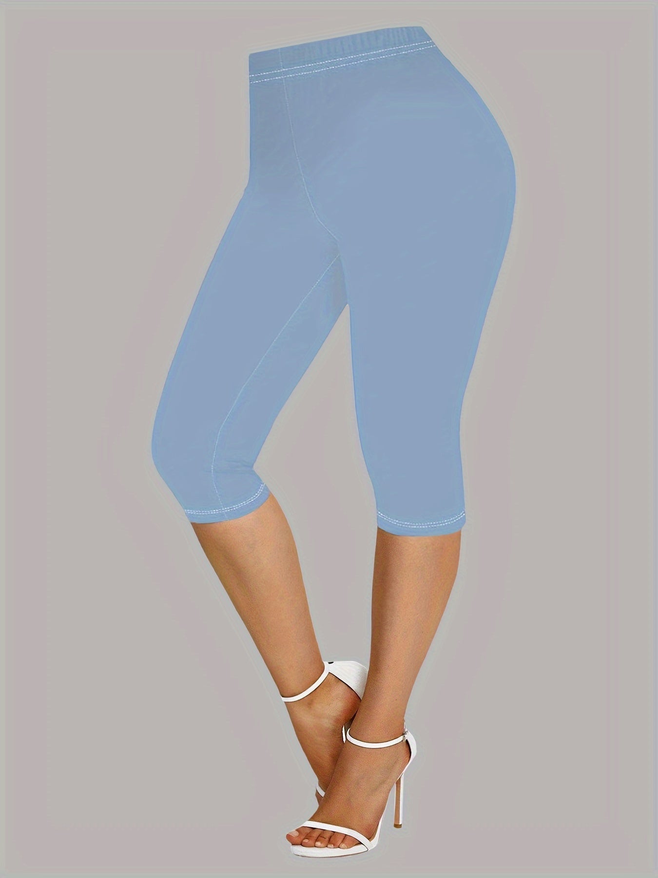 Light Blue Plus Size Color-Block Print V-Neck T-Shirt And Elastic Waist High-Waisted Seven-Quarter Pants Set