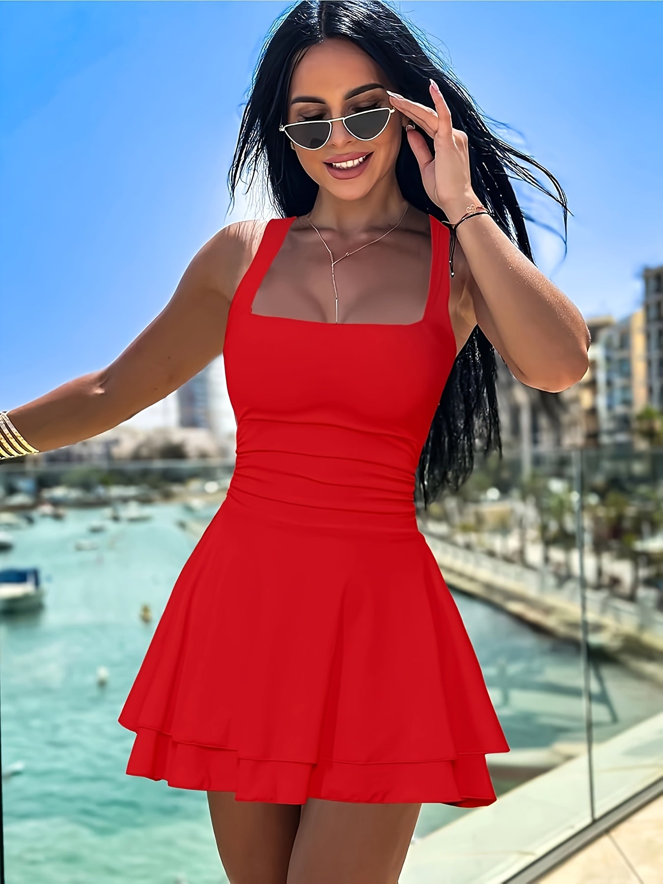 Women'S Square Neck Ruffle Hem Mini Dress Pleated Waist Short Party Dress