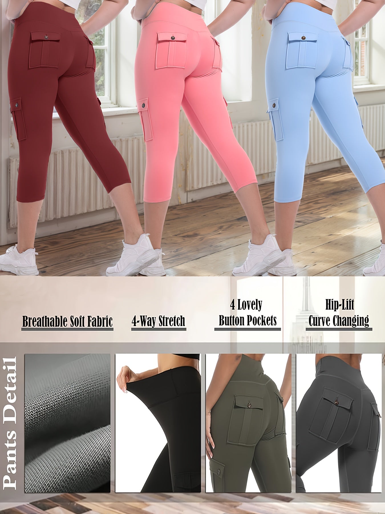 3-packs High Waist Yoga Capri Pants 3pcs Capri Pants Set, 4 Way Stretch Butt Lifting Tummy Control, 4 Button Pockets Workout Running Sports Pants