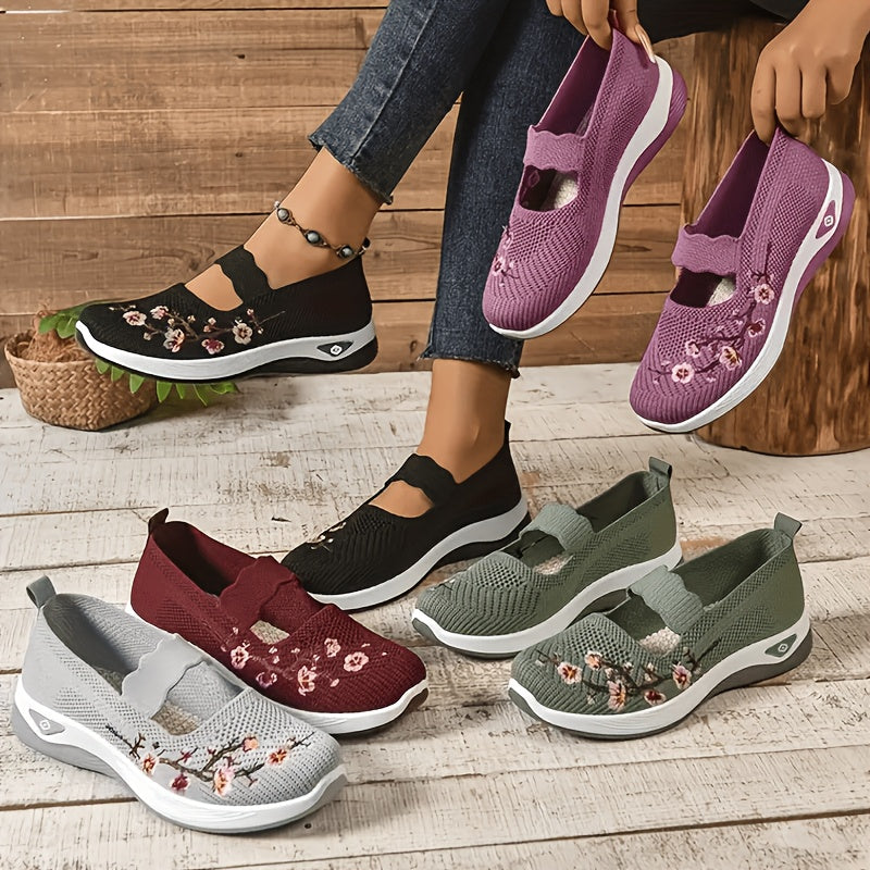 Women'S Orthopedic Walking Shoes for Nurses with Arch Support- Flower Embroidered Slip On Sneakers Featuring Breathable Knit Upper, Non-Slip Sole and Plush for All Day Comfort on Shift