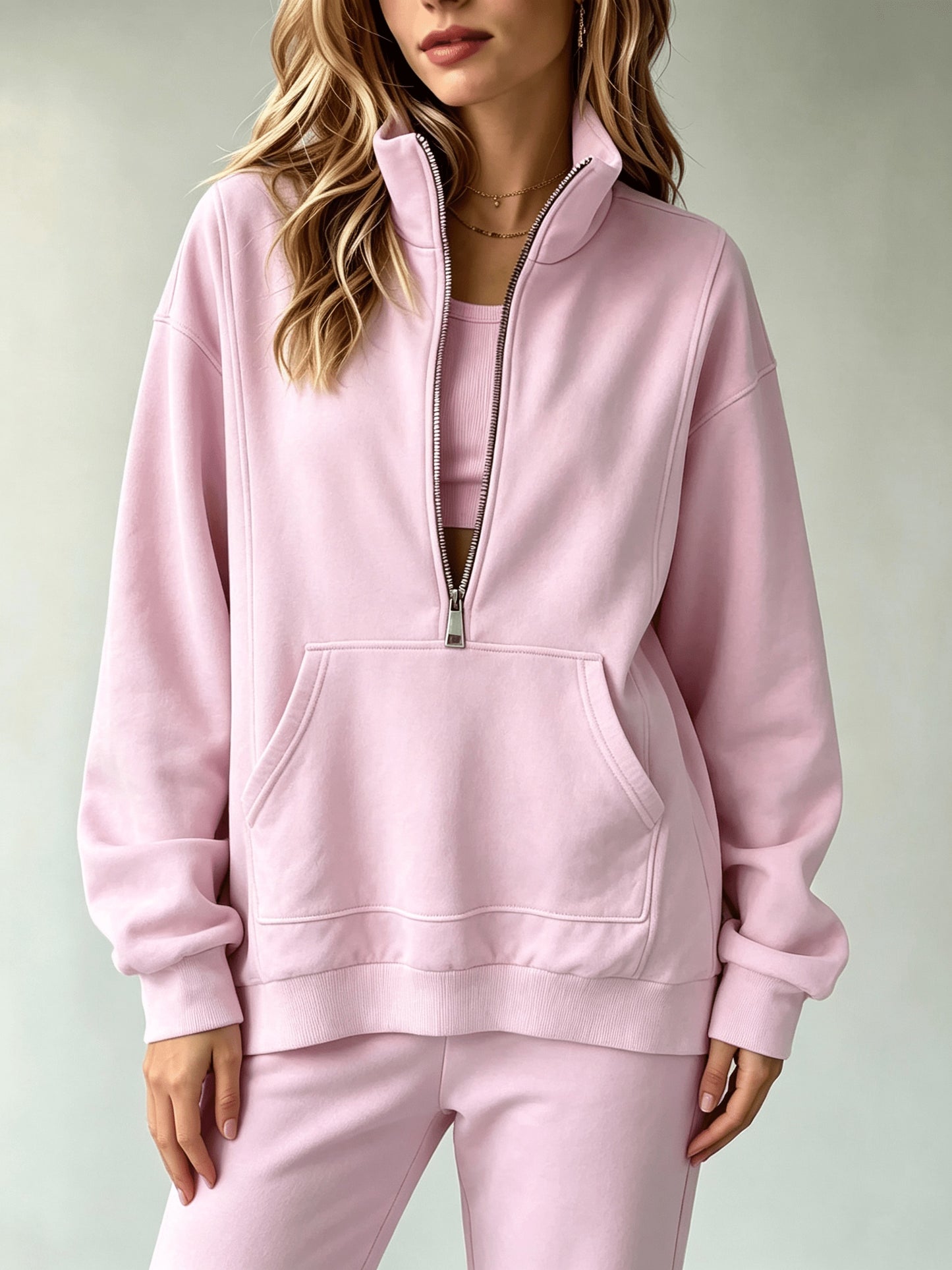 Women'S Matching Outfit, Cozy Fleece Top, Trendy Casual Sportswear for Ladies