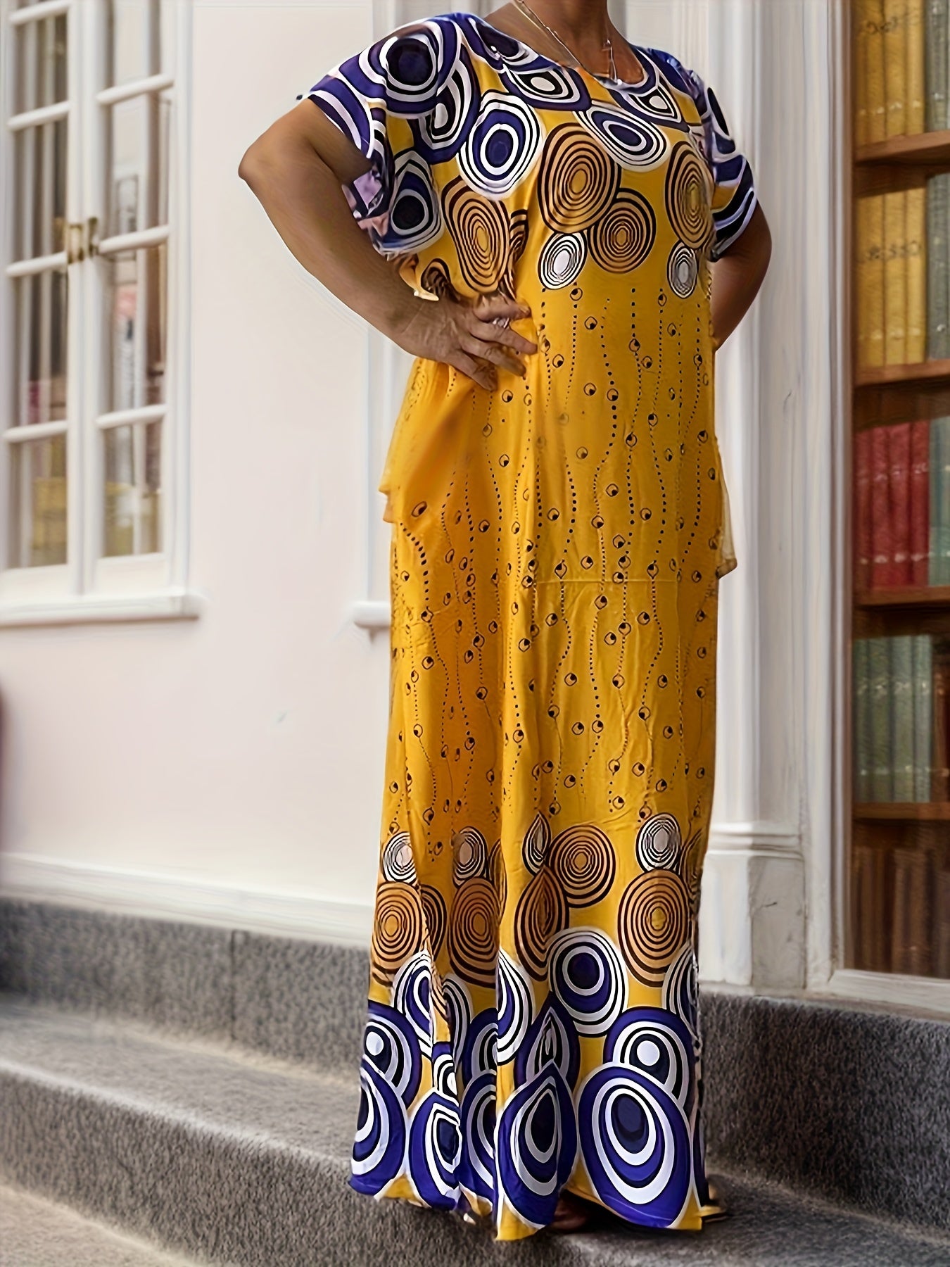 Geo Print Boat Neck Loose Dress, Elegant Batwing Sleeve Maxi Cover Up Dress, Women'S Clothing