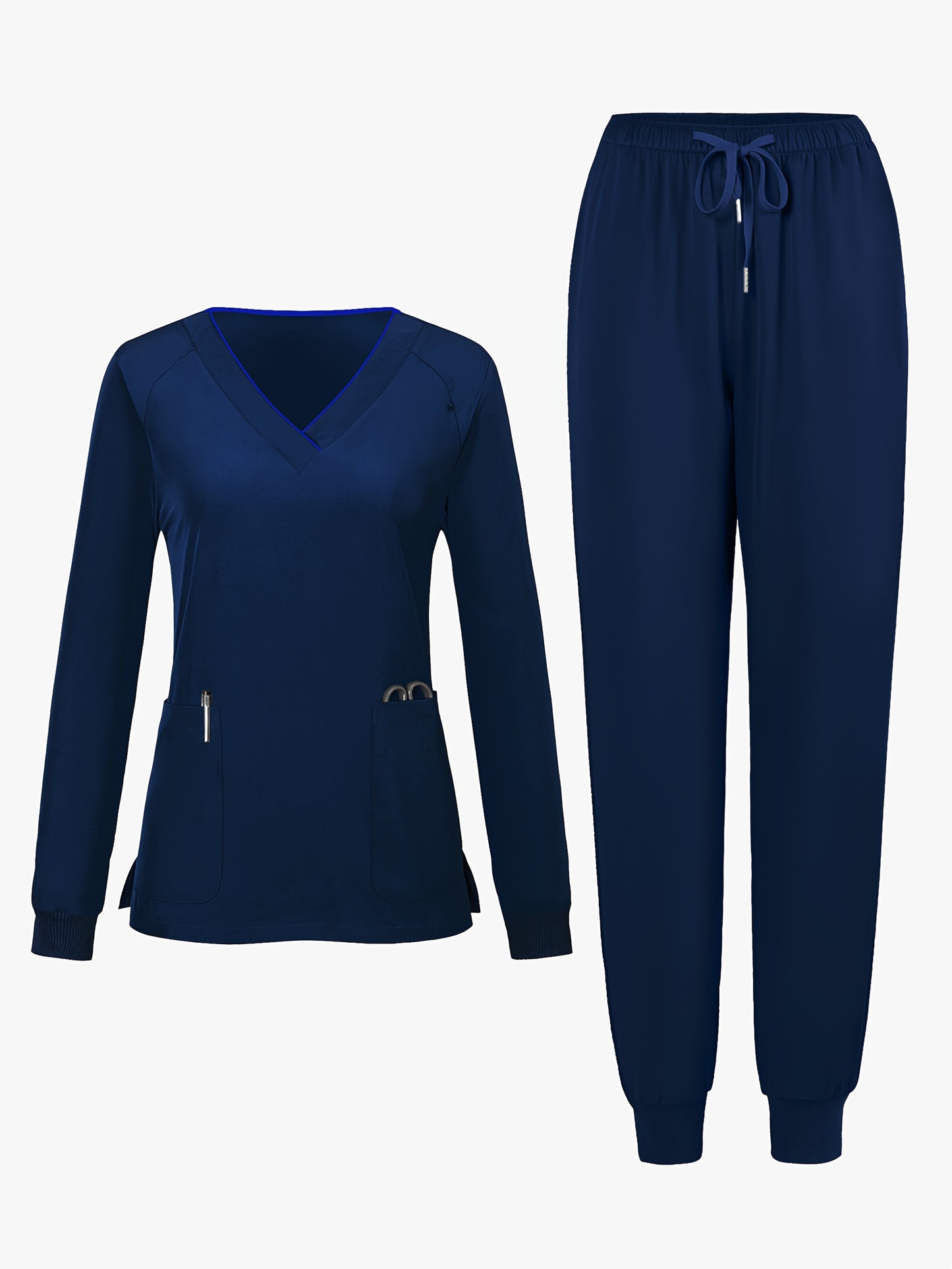 2pcs Women's V-Neck Matte Suit with Long Sleeve Stretch S Uniform Work Clothes Washable Pockets Breathable Elastic Top And Waist Cord Pocket Pants Set