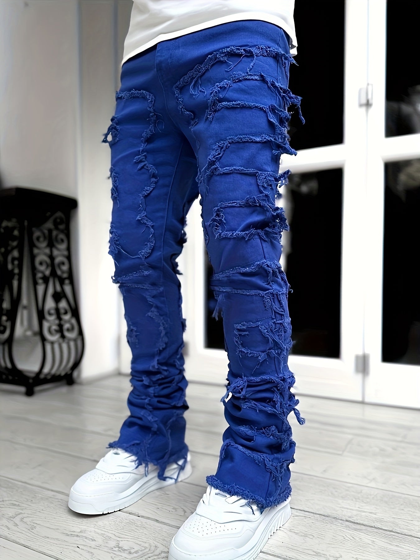 Men's Slim-Fit Straight-Leg Distressed Jeans with Tassel Details - Y2K Streetwear Hip-Hop Skateboard Style Stretch Denim, Machine-Washable All-Season Casual Pants, Casual Wear | Y2K Fashion | Faded Jeans
