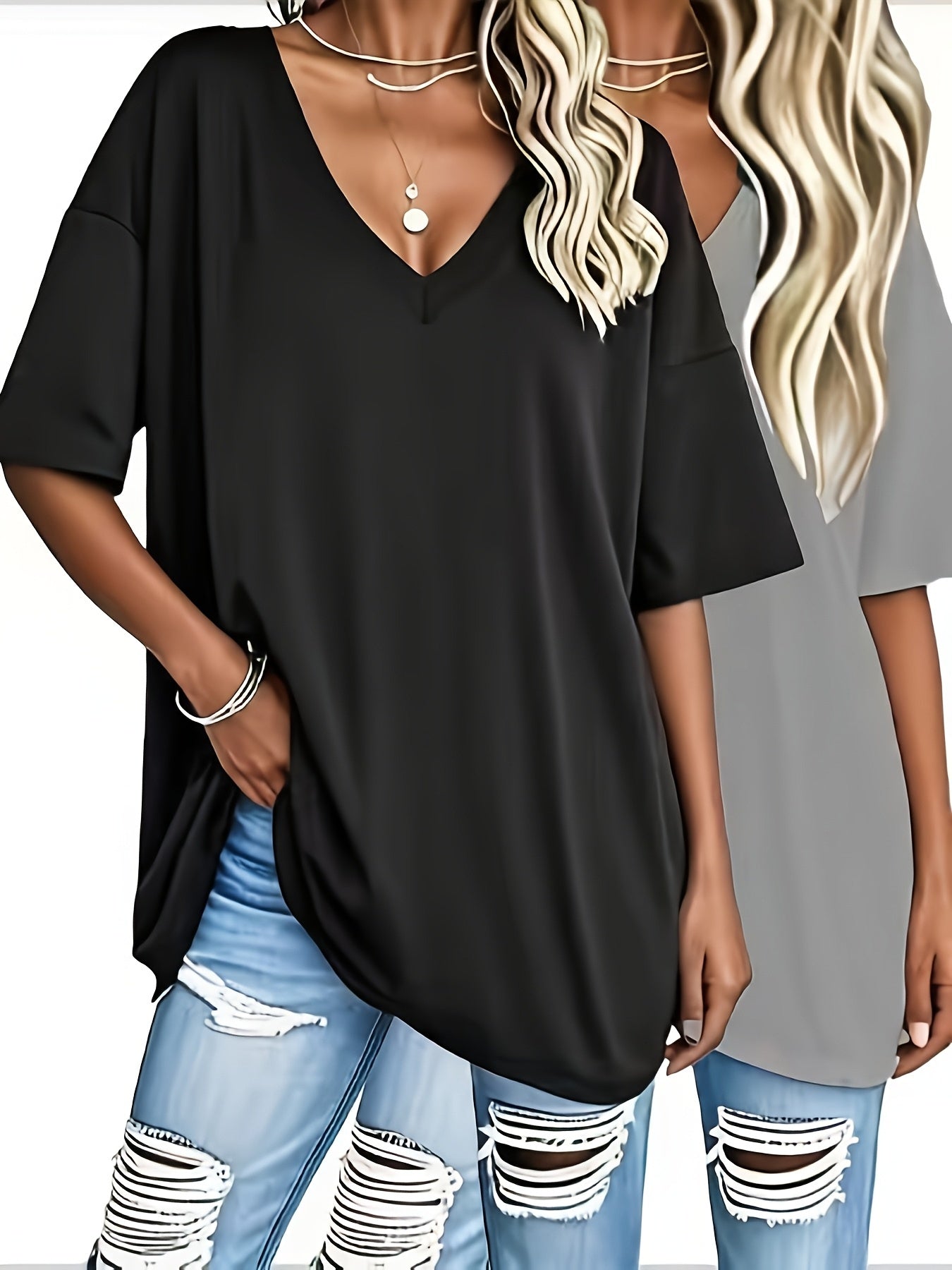 Two-Piece Set, Women'S Casual V-Neck Short-Sleeve Top- Loose Fit Stretchy T-Shirt, Solid Color, Machine Washable, Versatile And Comfortable for Spring And Autumn